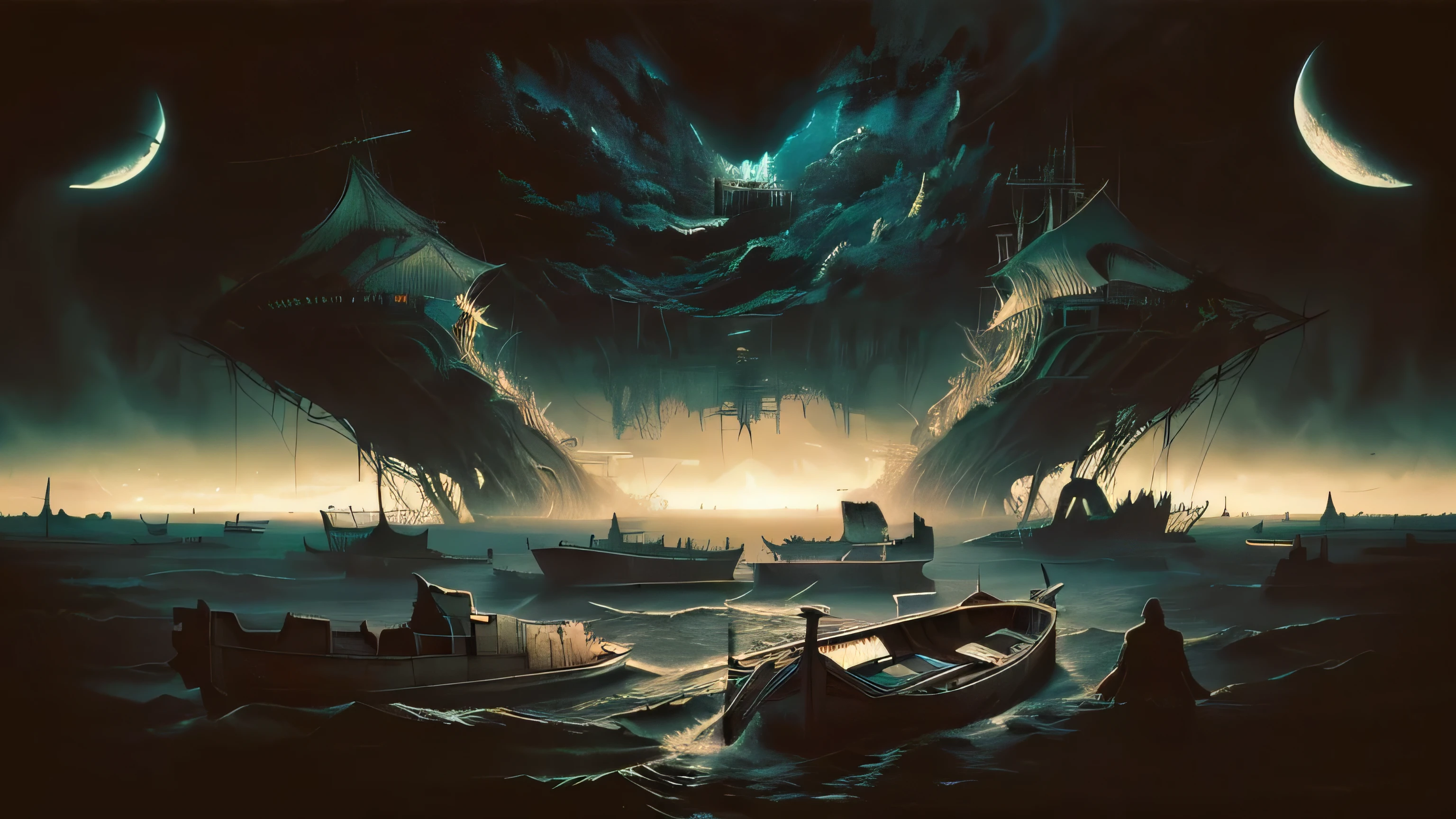 Biomorphic devastation. Horror art landscape in background. big wall, madness, artstation, uhd, unreal engine, line art drawing style, Orange smoke, red river, boat with three people --auto