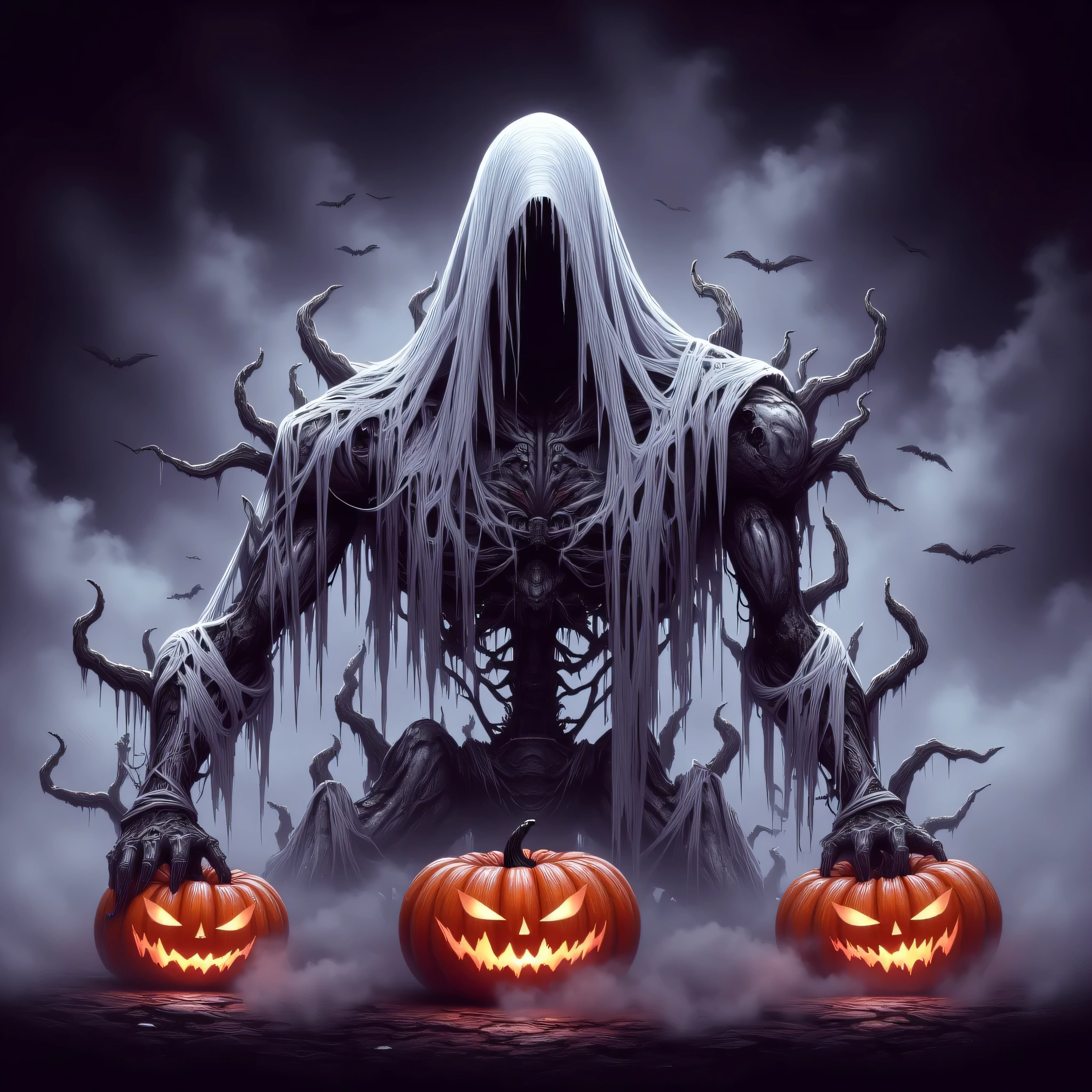 A dark, surreal anime artwork featuring a skeletal figure draped in tattered, decaying fabric, giving it a ghostly appearance. The figure's face is obscured by a hood, with only a small, glowing jack-o-lantern face carved into the fabric, adding to the eerie atmosphere. The figure's arms are skeletal and grasping, with tendrils of misty tendrils and vines wrapping around them, creating a sense of decay and desolation. 

The figure holds three glowing jack-o-lanterns in its skeletal hands, each with menacing, glowing eyes and sharp teeth, exuding an ominous light. The jack-o-lanterns are positioned in a symmetrical arrangement, two on the left and one on the right, with the central one slightly larger.

The background is a dark, misty scene with swirling, ominous clouds that blend into a gradient of dark purples and grays, enhancing the spooky atmosphere. The overall color palette is dominated by dark shades of purple, black, and gray, with the glowing jack-o-lanterns providing the only bright, eerie light.