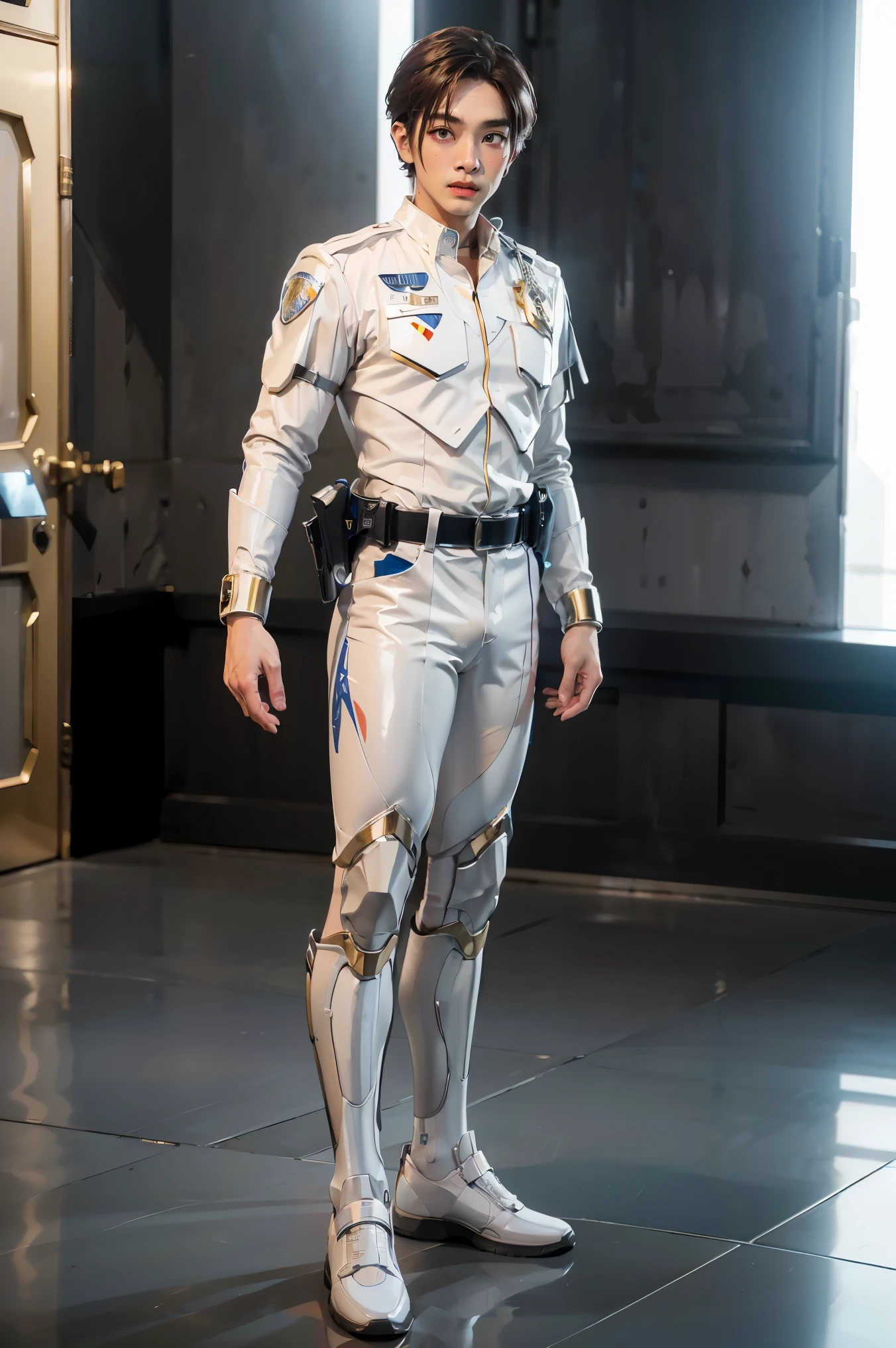 1boy, full body, Illustration, cinematic light, high resolution, best quality, ultra-detailed, masterpiece, power suit, powerranger, suit, spd, (Silver and Gold chest plate), white and gold detail, (((white suit))), ((police theme:1.2))