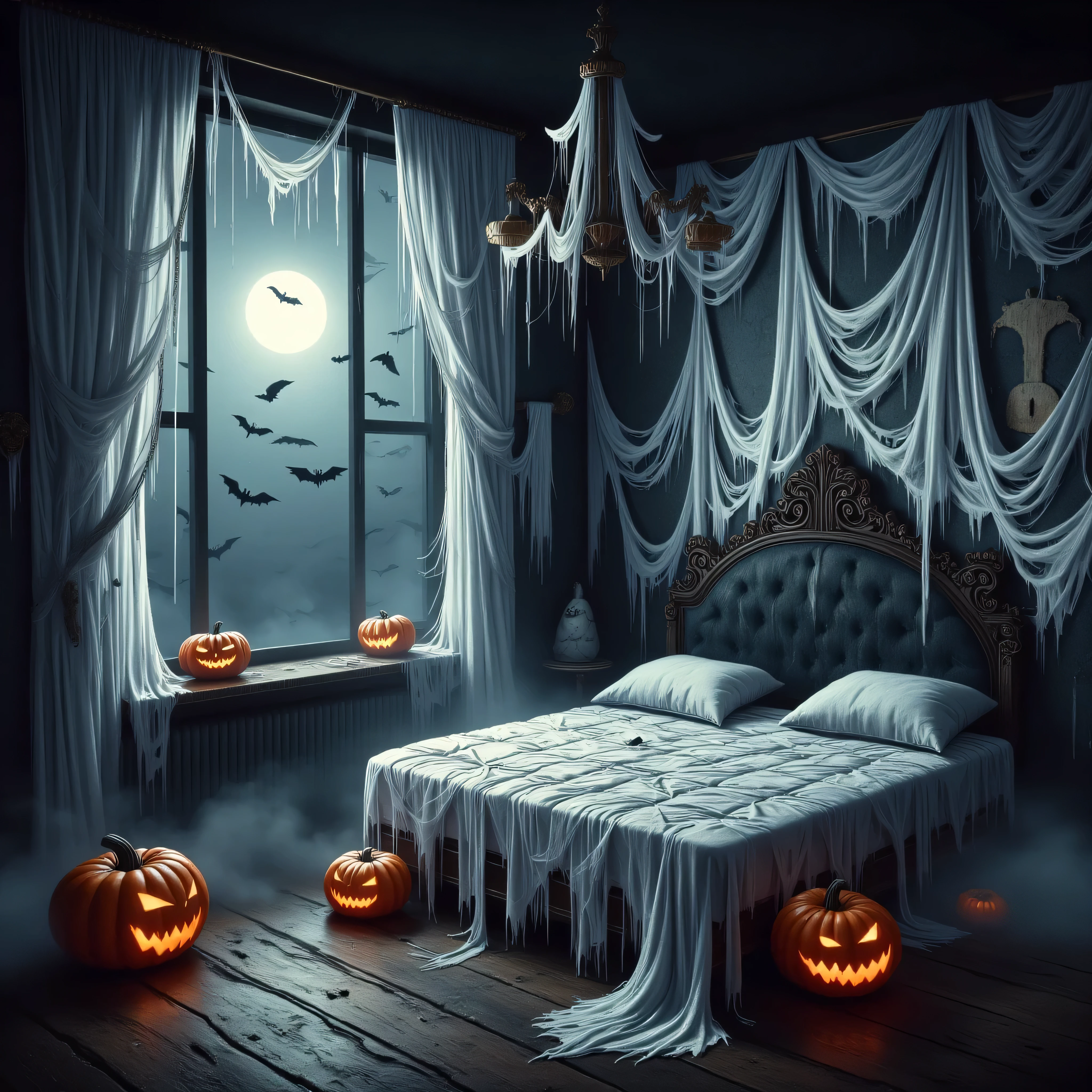 A digital artwork in a haunting, gothic style, depicting a dark, eerie bedroom scene. The room is draped in shadows and cobwebs, giving it an otherworldly, haunted atmosphere. The walls and ceiling are adorned with thick, dark, dripping cobwebs that hang like ghostly tendrils, creating a sense of decay and neglect. In the center of the room, there's a bed with an ornate, antique headboard. The bed is covered with a white, tattered sheet that seems to be slowly unraveling, revealing a dark, shadowy bed frame beneath. Two pillows lie on the bed, also draped in a white, ghostly sheet. To the left, a large window is draped with tattered, flowing curtains that billow inward, revealing a moonlit night sky outside. The moonlight casts a soft, eerie glow into the room, illuminating the cobwebs and adding to the spooky ambiance. Outside the window, bats are flying, adding to the Halloween theme.