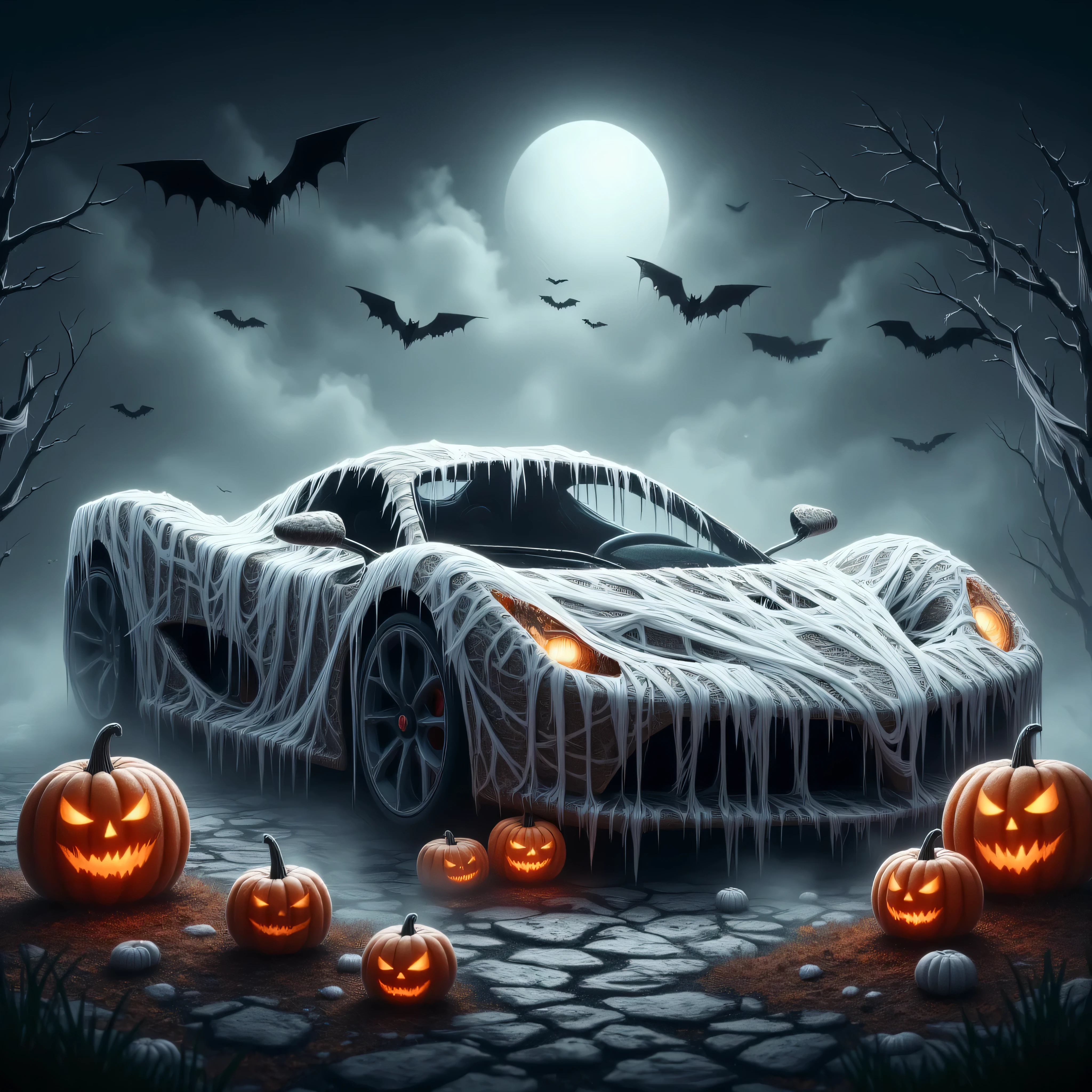 A digital illustration with a dark, eerie, and spooky Halloween theme. The central subject is a sleek, modern sports car, likely a supercar, covered in white, tattered, cobweb-like material, giving it a haunted appearance. The car's silhouette is visible, with its headlights and taillights glowing ominously. The car is positioned on a cobblestone street, which adds to the eerie, old-world atmosphere. The background features a dark, misty night sky filled with silhouettes of bats flying in various directions, enhancing the spooky ambiance. A full moon, partially obscured by clouds, casts a faint, eerie glow. In the foreground, five jack-o'-lanterns are scattered around the car. These pumpkins have glowing, menacing faces with sharp teeth and glowing eyes, adding to the Halloween theme. The pumpkins are placed on the ground, some on the cobblestones and others partially submerged in the cobblestones.