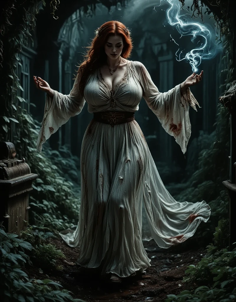 A full body of a naked red-haired tanned beautiful woman, dressed in light clothes, surrounded by a horrible dream world with  naked ghosts, skelets, and monsters. 8K, realistic photo, masterpiece