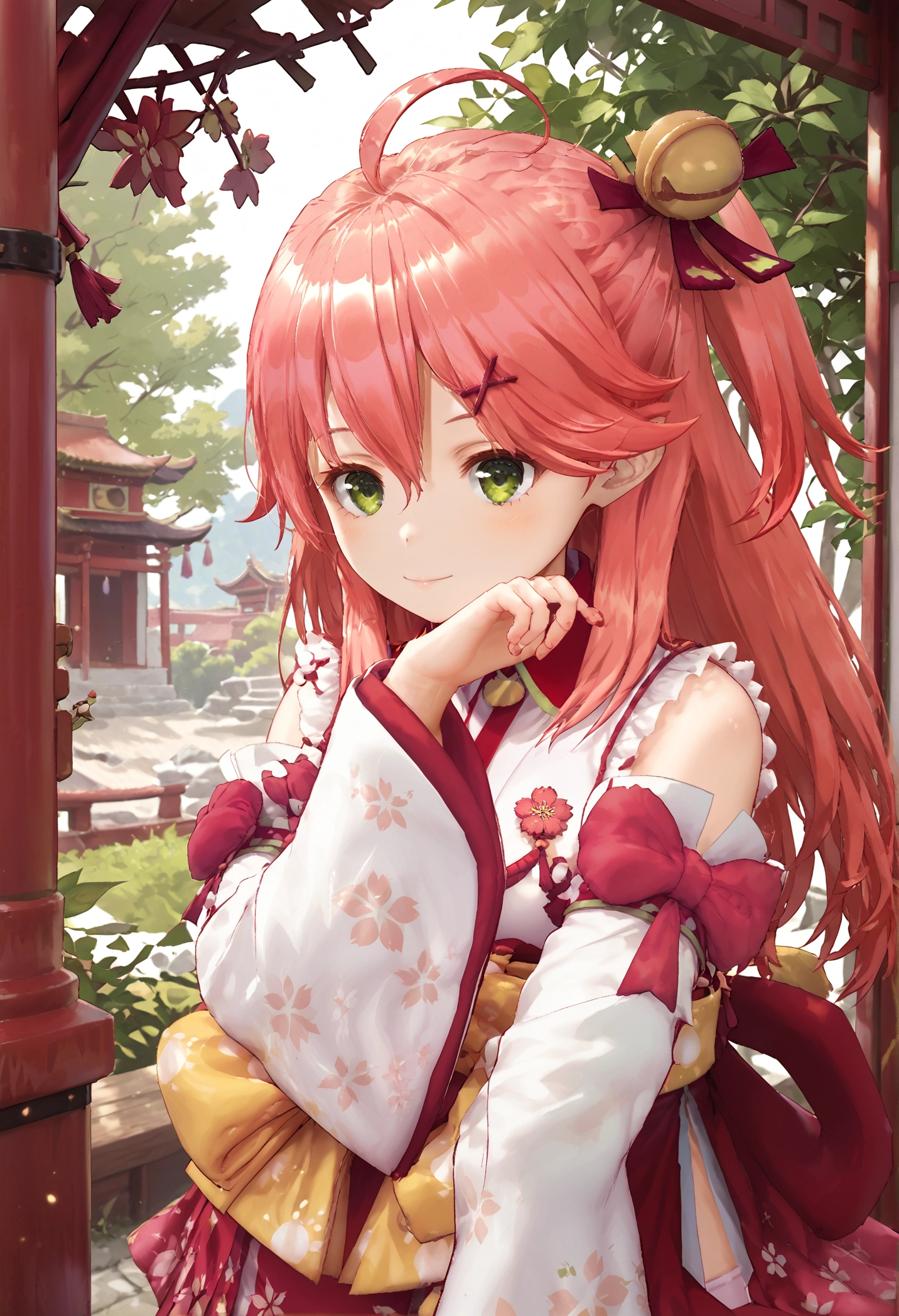 score_9, score_8_up, score_7_up, Miko_nml,pink hair,ahoge,green eyes,hair bell,hair ornament,x hair ornament, hair bell,long hair, one side up,floral print,detached sleeves,paw print,paw print pattern,cherry blossom print,shrine,cowboy shot