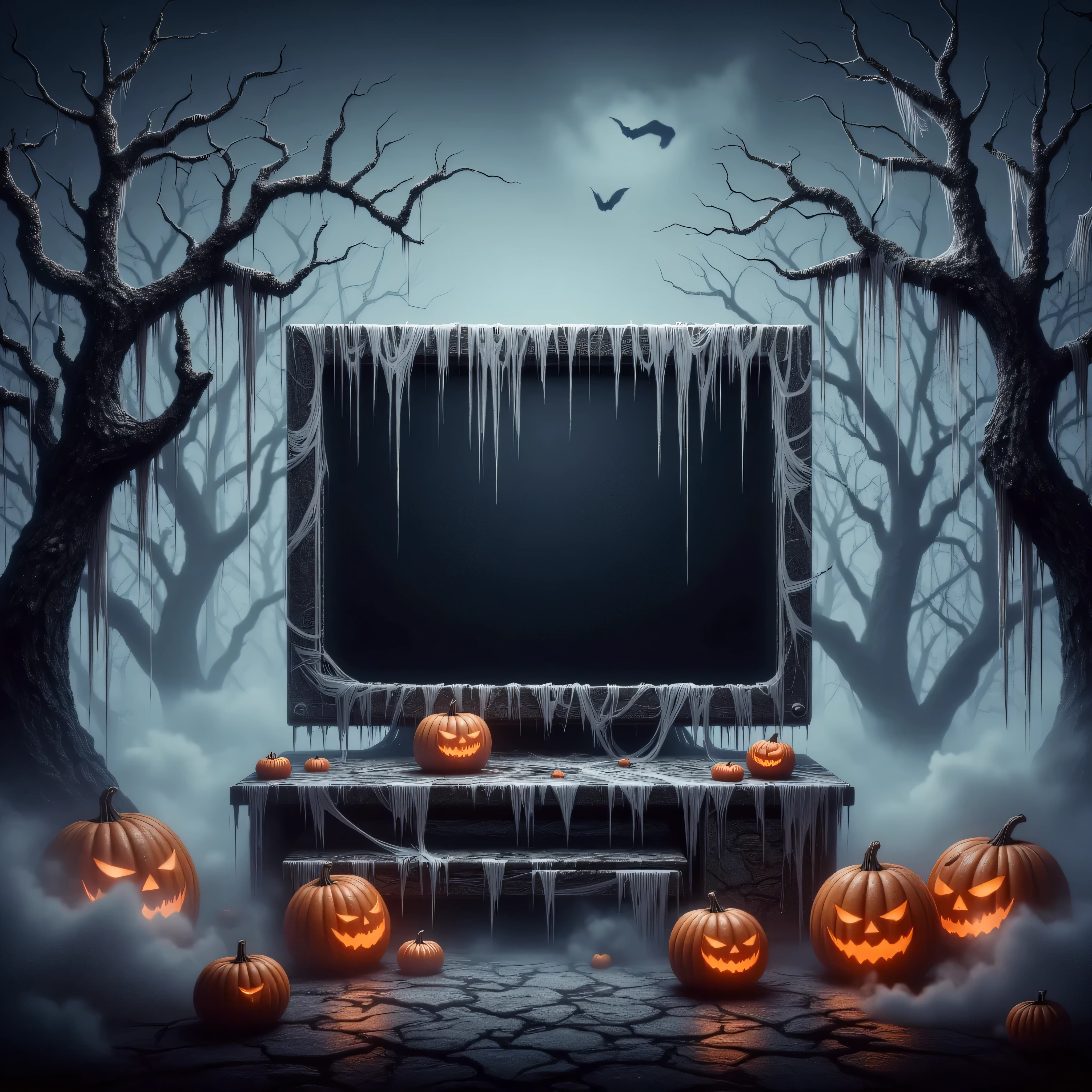 A digital artwork with a dark, eerie, and spooky Halloween theme. It features a large, old-fashioned 3D computer monitor in the center, covered in cobwebs that hang down like ghostly tendrils, giving it a haunted appearance. The monitor's screen is black, with a faint, eerie glow emanating from within. The monitor is positioned on a stone floor, which is cracked and uneven, adding to the eerie atmosphere. Surrounding the monitor are various Halloween elements. To the left and right, there are twisted, gnarled tree branches with glowing jack-o'-lanterns perched on them. The jack-o'-lanterns have grinning, glowing orange faces, adding to the spooky ambiance. In the foreground, there are several more jack-o'-lanterns scattered on the ground, their faces also glowing with an eerie, warm light. The background is a dark, smoky mist with a hint of blue and purple, giving it a haunted, misty effect.