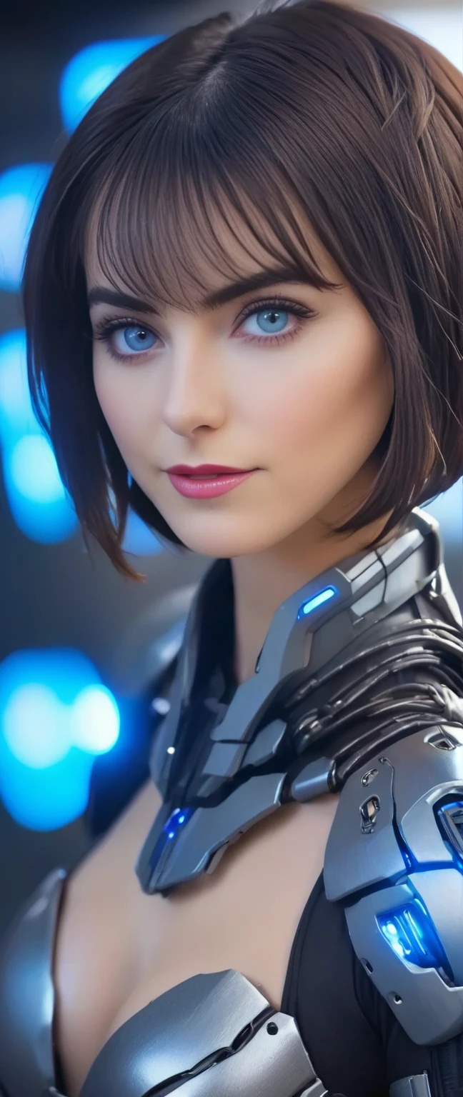 ( best quality , 4K, 8k,     High Resolution    , masterpiece: 1.2), (     very detailed , Realistic, Realistic:1.37),    a woman in a futuristic costume   ,      exoskeleton cyber armor with bangs ,    Women in Bodycon Armor         、((      She Has a Plasma Gun in Her Hand      )), Full body images, Maximum details,     High quality , 8k,Chest,  blue eyes ,     High Resolution    , 超    High Resolution    ,  best quality ,  ((( bob cut short hair ))),Bob Hair, Big Chest,      Cinematic Lighting Effects      ,   beautiful dark-haired woman,  blue eyes ,   Women in Cyber Style   , ((Advanced spacecraft interior)), High-quality images,