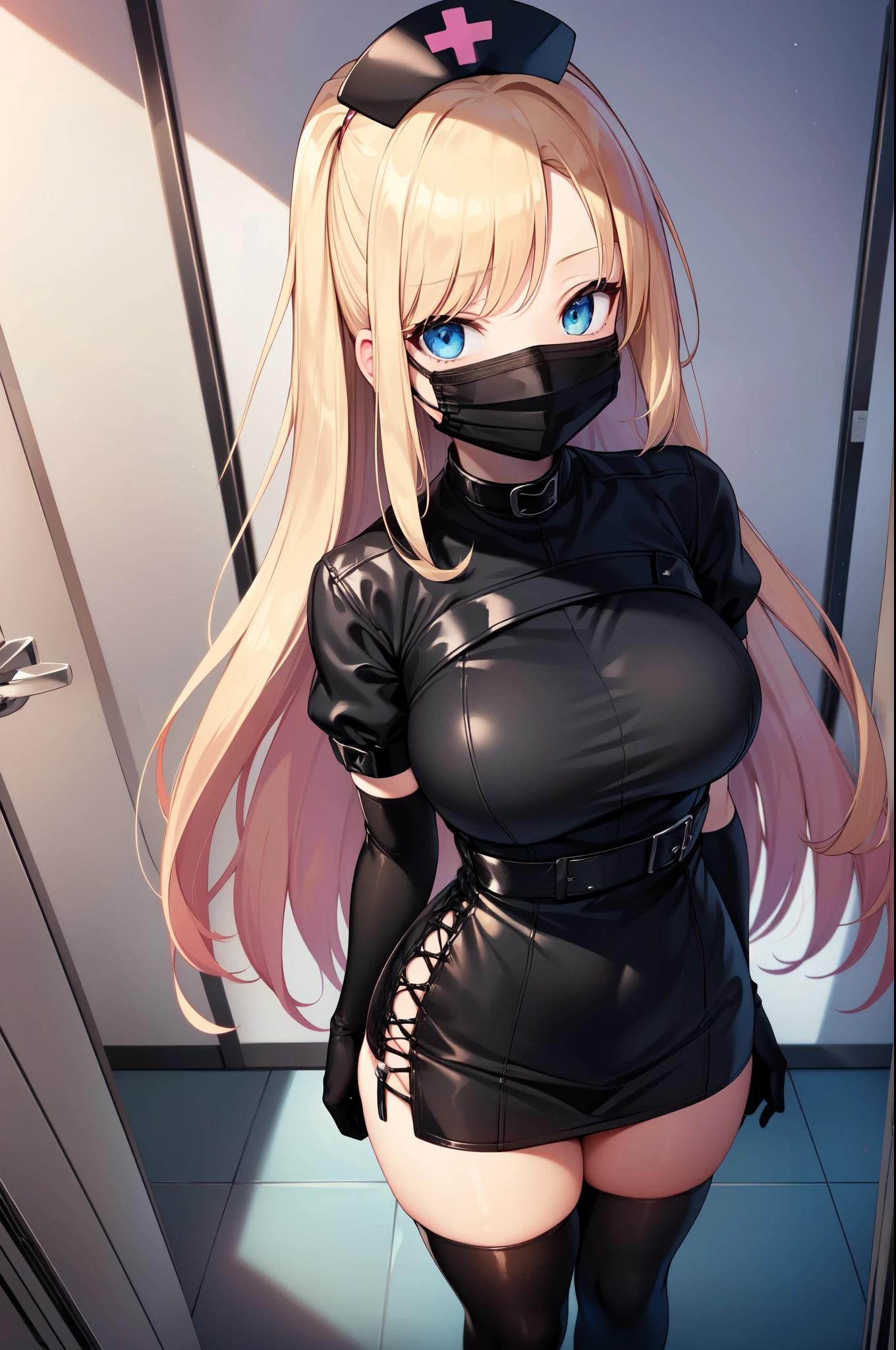 black nurse, 1woman, solo, black nurse cap, black nurse uniform, ((black legwear, zettai ryouiki)), black elbow gloves, blonde hair, blue eyes, ((black surgical mask, covered nose)), standing, ((surgery room)), sharp outline, short sleeves, mature female, 35yo, best quality, masterpiece