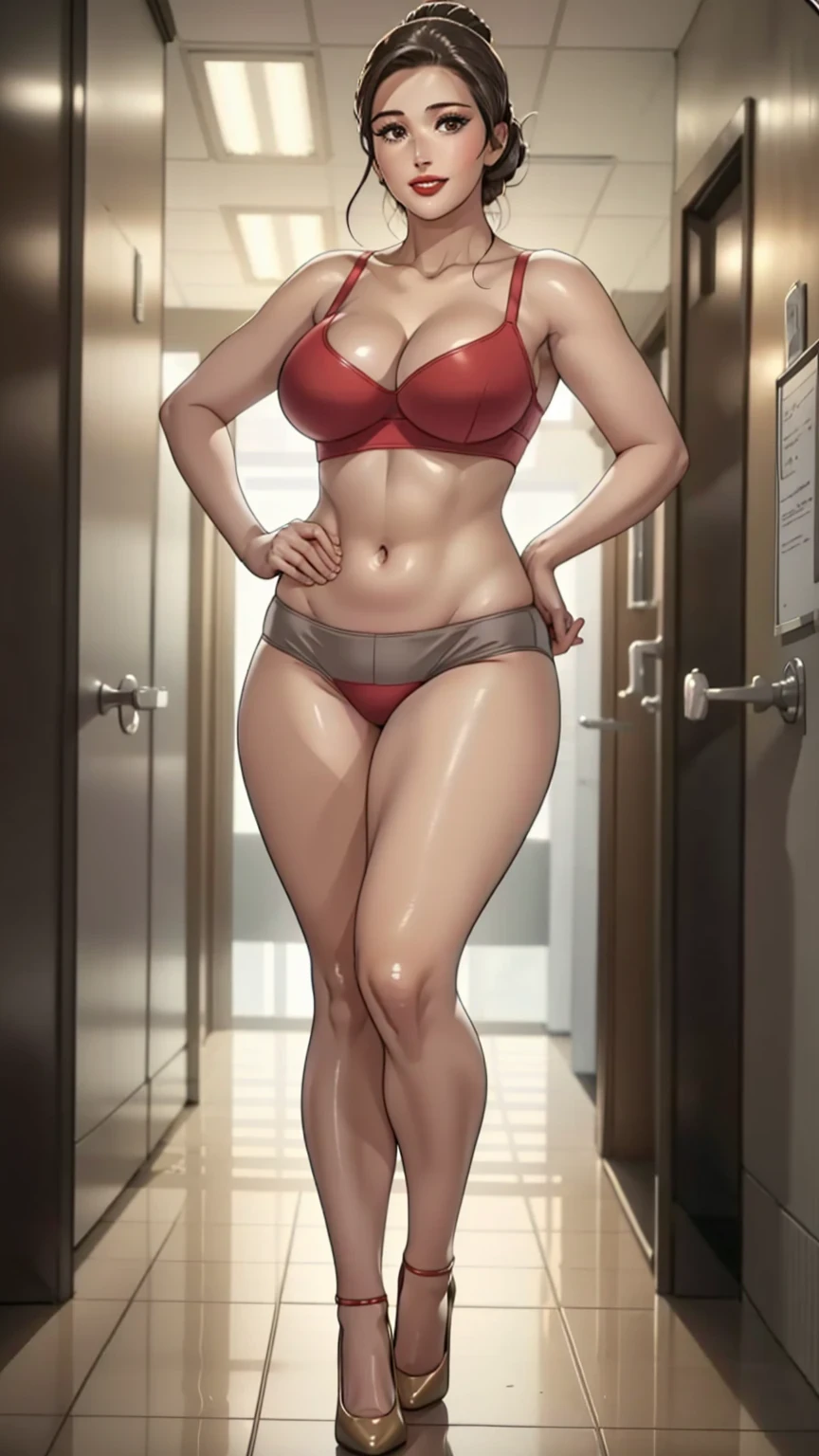 full body shot, Lucy Pinder, portrait, chestnut hair, red lips, smiling, full view, high heeled stilettos,, chubby woman, hair tied with a barrette, short hair,  tan sports bra, super cleavage,  grey panty,  standing, office corridor