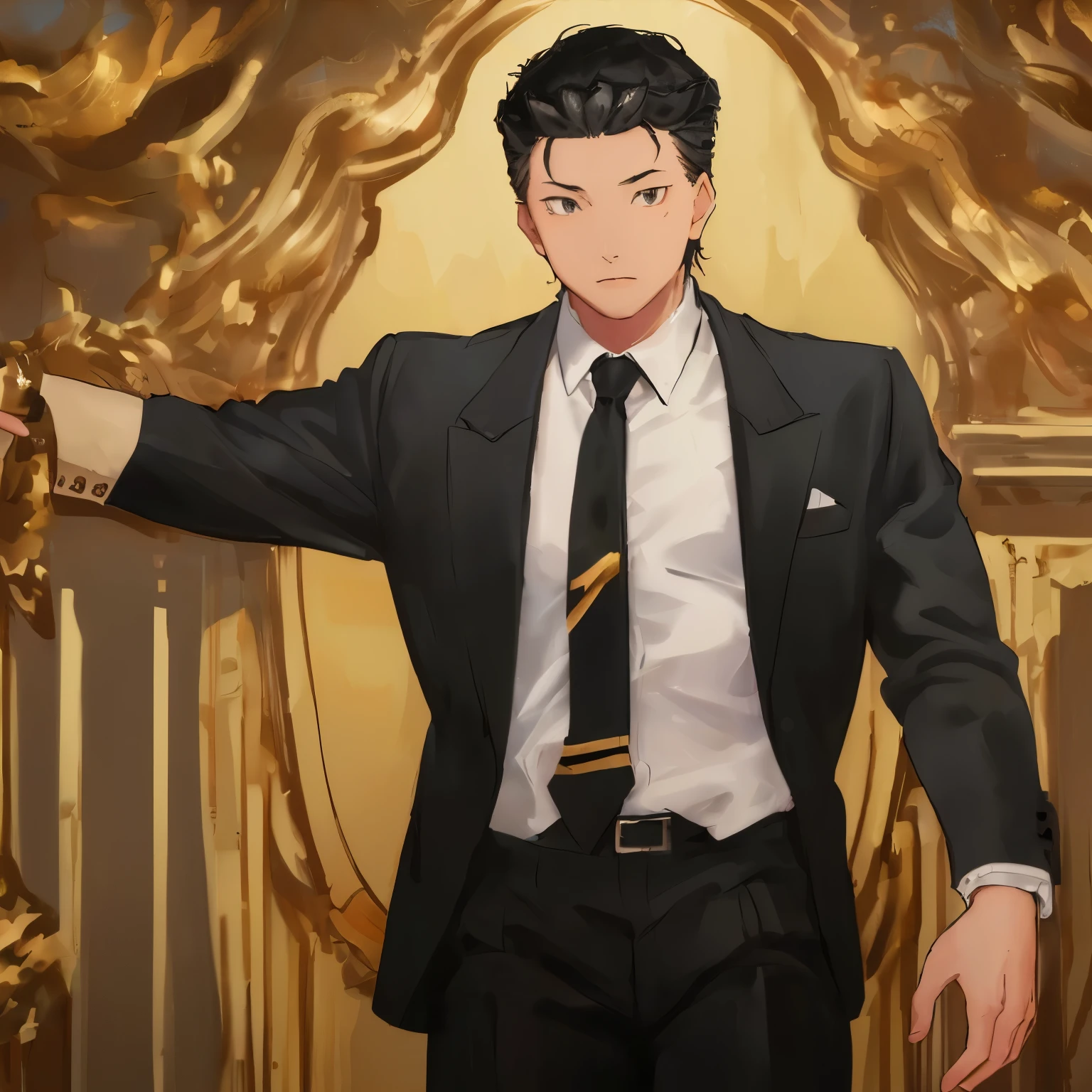 (masterpiece, best quality:1.2), (1 guy solo, pomade hair,short hair, white shirt, black suit, black dress slacks, gold wrist), (chubby:1.0, bara:1.1, stocky:1.2) wear a black check tie, background:casino, 