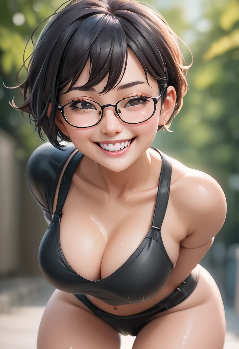 illustrated by barasui,nsfw.RAWphoto,photorealistic,8k16k,best quality,perfect anatomy,perfect detailed,
ultra highres,extremely detailed eyes and face,gleaming skin,shiny skin,wet hair,1girl,Japanese,black short hair,
pixie cut,boyish,parted bangs,forehead,round face,(wearing glasses:1.3),small breasts,chubby,slightly open eyes,thin eyes,thick thigh
,huge hip,happy smile,clenched teeth,wet,sweat,steam,heavy breathing,orgasm,extasy face,fucked silly,rolling eyes,
drooling,(POV handjob:1.5),(projectile cum,cumshot:1.5),best quality, amazing quality, very aesthetic, absurdres,
kind smile,realistic,motion blur to projectile cum, motion line,best quality, amazing quality, very aesthetic, 
absurdres,(penis illustrated by butakoma 300g:1.2),outdoors