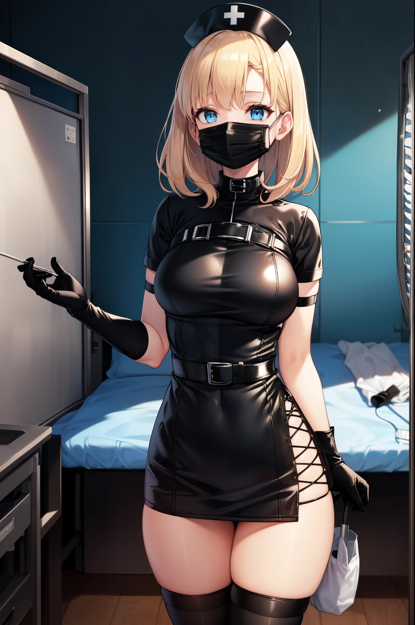 black nurse, 1woman, solo, black nurse cap, black nurse uniform, ((black legwear, zettai ryouiki)), black elbow gloves, blonde hair, blue eyes, ((black surgical mask, covered nose)), standing, ((surgery room)), sharp outline, short sleeves, mature female, 35yo, best quality, masterpiece