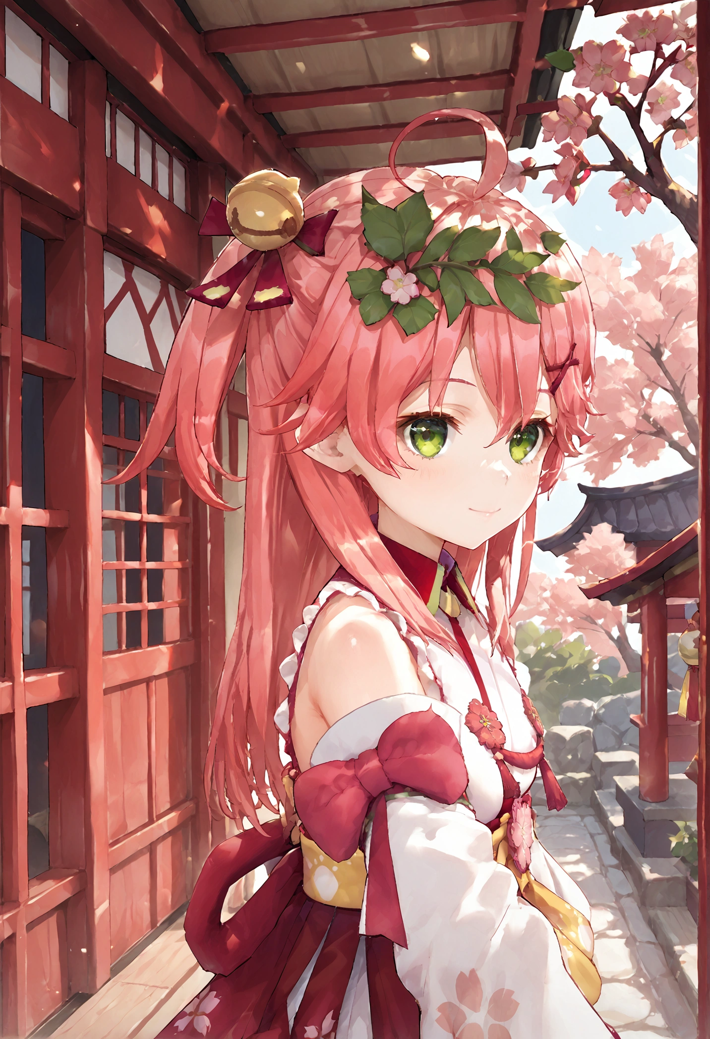 score_9, score_8_up, score_7_up, Miko_nml,pink hair,ahoge,green eyes,hair bell,hair ornament,x hair ornament, hair bell,long hair, one side up,floral print,detached sleeves,paw print,paw print pattern,cherry blossom print,shrine,cowboy shot