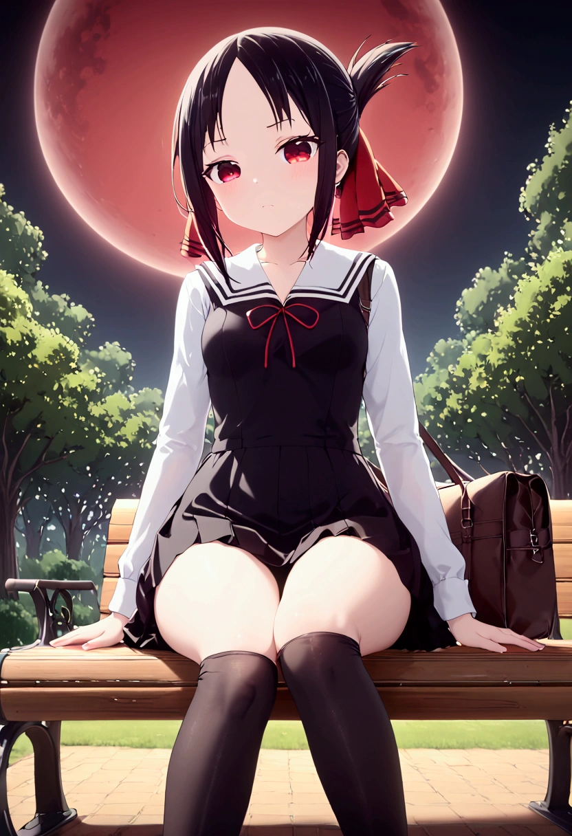   High image quality   、masterpiece、  high quality、    High Resolution    、 clear、Full HD、4K、Show your legs、Crossing your legs、View from below、Look at me 、The number of fingers is 4、 Small breasts、 Kaguya-sama wants to tell、 red ribbon on head 、 Black Hair 、 Red eyes、Eyes shine in the dark 、delicate、Cold Stare、Black school uniform、white sailor collar 、Black tights、Sit on a bench with a back in the park、 red string ribbon on the chest 、brown business bag on bench、The entire background is a red moon