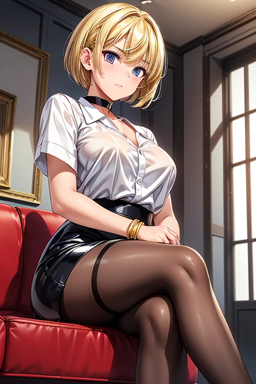 1 girl, big breasts, Thighhighs,alone, thigh boots, black skirt, black footwear, (((masterpiece,High resolution,highest quality))), alone, blonde hair, behind, looking at the viewer, open your mouth, alone, blush, Wet clothes, heart, Raise the hand, Wet, huge breasts, short hair, transformation, white panties,bondage, shibari, restraint, bondage ropes, rope, tied up, restraintされた体, drooling