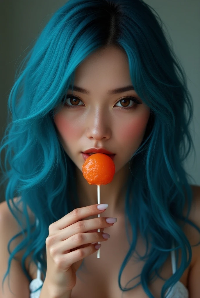 (Masterpiece), (intriciate detail), (Photorealistic:1.3), 1 cute Japanese model, Elegant magazine advertising model, Pose with mixed fruit parfait, A mixture of shaved ice and fruit and ice cream, In angular crystal glasses, Top with strawberries and cream, universe, Marine Blue Theme, with dramatic lighting, Spoons, Ice cubes, fruit,