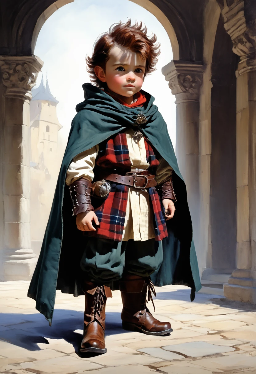 2d illustration, Dnd character, Halfling Bard, anti authority attitude, reddish slicked back hair, look with the stubble and the( plaid cape), medieval clothes, boots, detailed, UHD, masterpiece, neutral background, full-body, HD Anime, Frank Frazetta, François Boucher, Dean Cornwell, William Powell Frith, Louis Icart, Valentin Serov, Coby Whitmore, Viktor Vasnetsov, Alois Arnegger