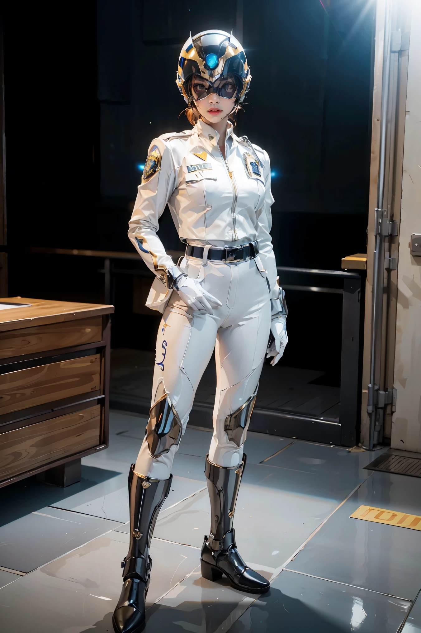 1girl full body, Illustration, cinematic light, high resolution, best quality, ultra-detailed, masterpiece, power suit, powerranger, suit, spd, (Silver and Gold chest plate), white and gold detail, (((white suit))), ((police theme:1.2))