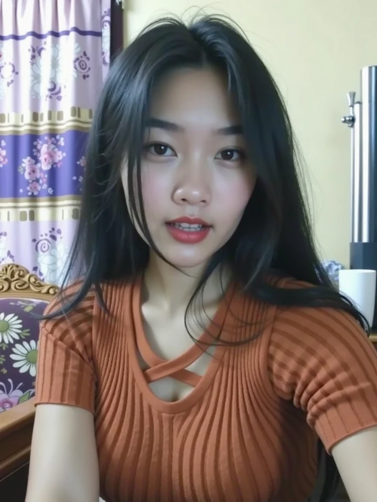 a nice gamer girl on a gaming laptop.is smililing