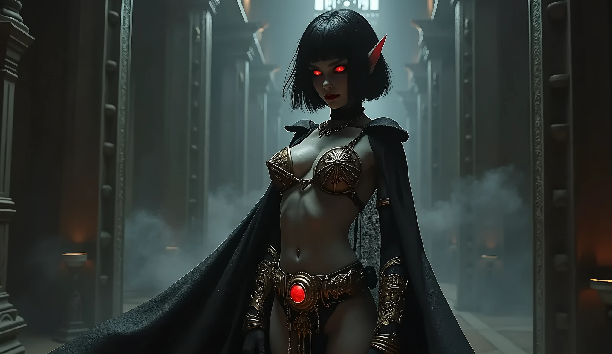 Attractive black skin elf. Long grotesque bloody claws for hands. wearing red armor. Standing in prisonn, shackled to the wall. Glowing red eyes, smiling with pointy teeth