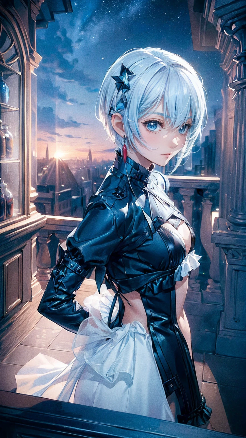 ((4K Works))、​masterpiece、(top-quality)、Beautiful girl、Slender body、Tall、(  Beautiful Eyes with Attention to Details )、 stylish English black balcony、The castle where the bad guys live、Black shop window、Balcony at night、((The background is a starry sky))、((Dark Skies))、(( stylish night city scene ))、(( shot on the stylish balcony ))、Midnight、(( face similar to Carly Rae Jepsen ))、((Short grey hair))、((Small face))、((Expressionless))、(( Bright Blue Eyes ))、((American adult female))、((26-year-old adult female))、((Cool woman))、((Celebrities))、(( micro bikini :1.3))、((Korean Makeup))、((Long, sharp eyes))、((Happy Date))、(( boyish))、Professional photos、(( Shot Alone ))、(( taken from behind))、((Photographed so the back of the head can be seen ))、(( taken right near her ))、((Focus Zoom In))、((She's watching the sunset ))、(( she's standing on the balcony ))