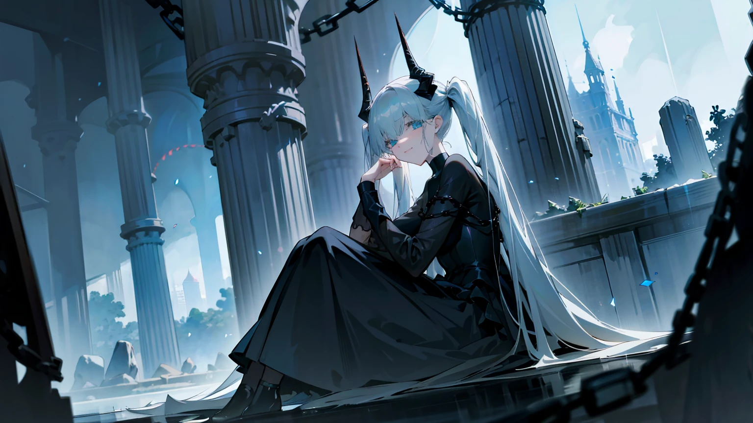 (best quality,highres,masterpiece:1.2),(flatten art:0.75), masterpiece, best quality, 1woman, Anime, darker environment, long twintail hair, black horn, straight white hair, black goth gown, enticing, night, dark, dark fantasy ruin hall, looking at viewer, solo, faint moonlight, sad smile, close-up, sitting, seducing the viewer, chains