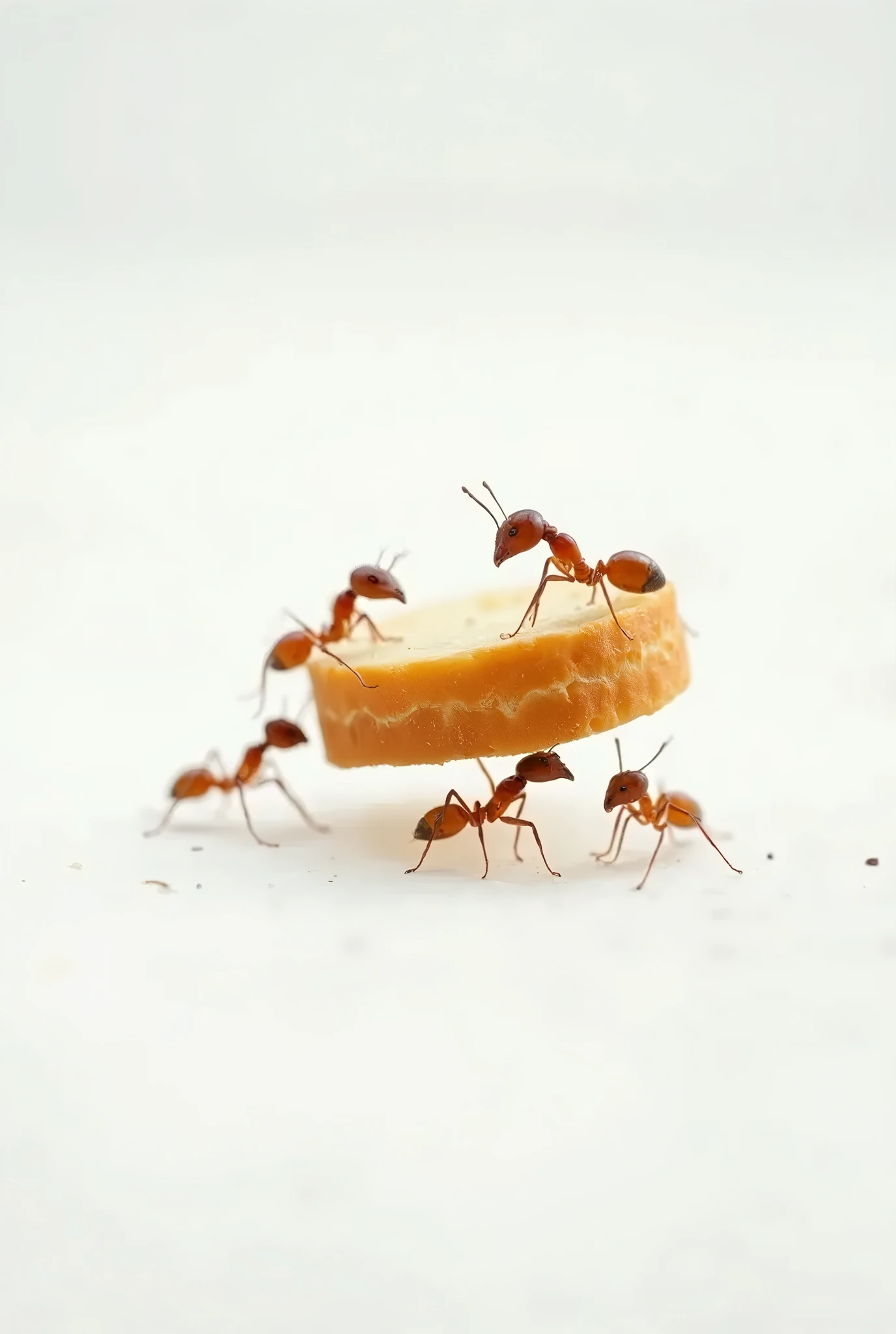 realistic, photography. miniature, close-up shot, three fourths angle, ants carrying a piece of bread, set on white table, narrow depth of field, natural light, contrast