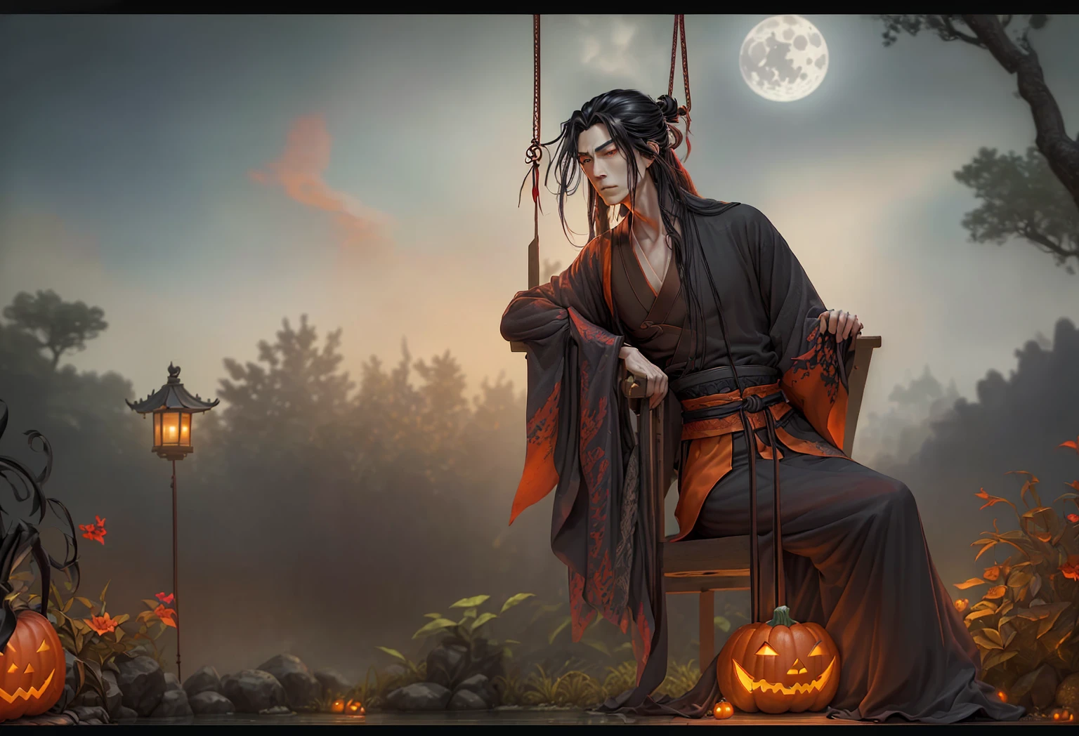 a man sitting on a beautiful swing next to a halloween pumpkin, man fooling around, man dressed in a witch costume and a pointed hat, 1 man, highly detailed, cinematic lighting, warm autumn colors, pumpkin patch, intricate costume details, whimsical composition, atmospheric, moody, photorealistic, best quality, 8k, masterpiece, a beautiful chinese garden at twilight, detailed intricate architecture, lush greenery, a pond with colorful koi fish, scattered chinese lanterns glowing softly, a full moon in the sky, wispy clouds, fireflies dancing in the air, carved halloween pumpkins and autumn decorations throughout the scene, (best quality,8k,highres,masterpiece:1.2),ultra-detailed,(realistic,photorealistic,photo-realistic:1.37),cinematic lighting,dramatic colors,stunning landscape,intricate details, Wei Wuxian, Mo Dao Zu Shi, mdzs, black and red clothes, gray eyes, long black hair, hair tied up