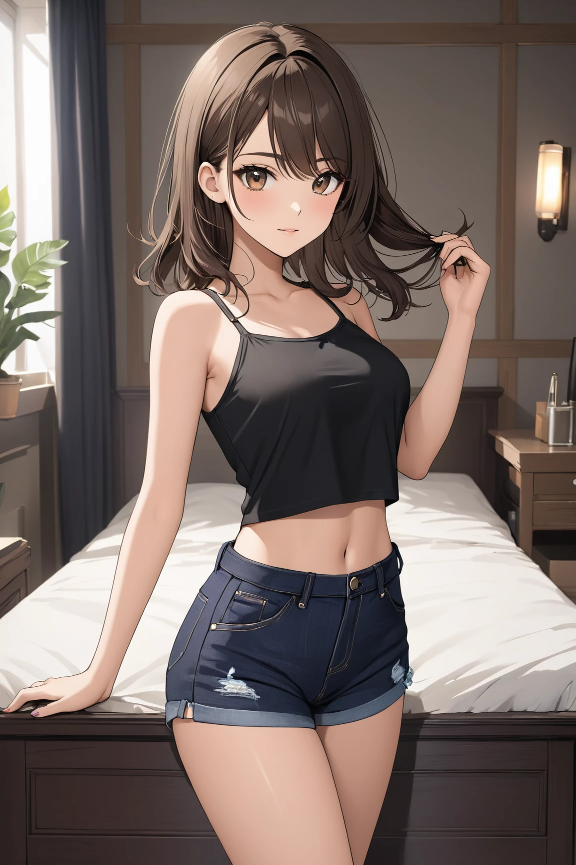 Create a beautiful 18-year-old woman with sexy black denim shorts and a black top, In a room, with a beautiful face, dark brown hair 