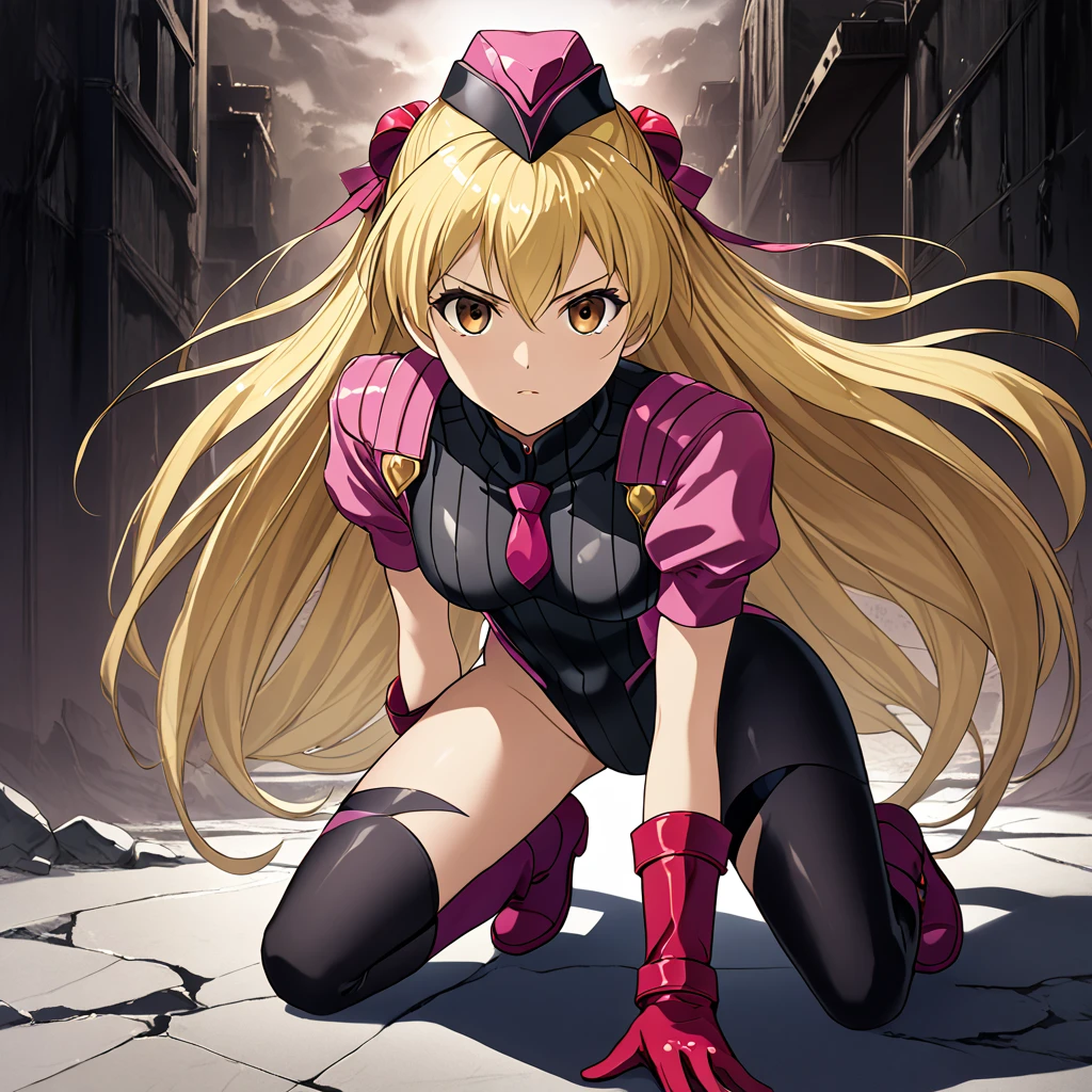 anime, (masterpiece), (best quality), (ultra-detailed), (best illustration), (best shadow), (absurdres), (detailed background), (very aesthetic), shiny, detailed beautiful eyes, outstanding, countershading, detailed soft lighting, an exquisite animation illustration, 1girl, solo, anheang, Dollsuit, thighthigh, dark persona, empty eyes, expressionless, blank eyes, looking at viewer, red gloves, full body, emotionless, Fighting Stance, hair ornament, moriya_ririka, magical girl, small breast, blonde hair, long hair, brown eyes, (((apocalyptic background, all fours, crawl, crawling)))