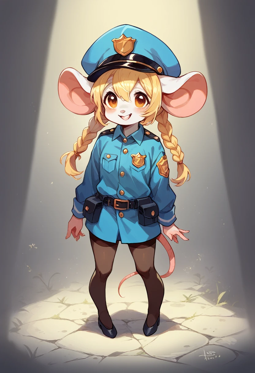 Imaginative concept art of a cute creature inspired by Lora, with the appearance of a mouse and dressed as a policeman. (CuteCreatures tag weighted at 0.9)