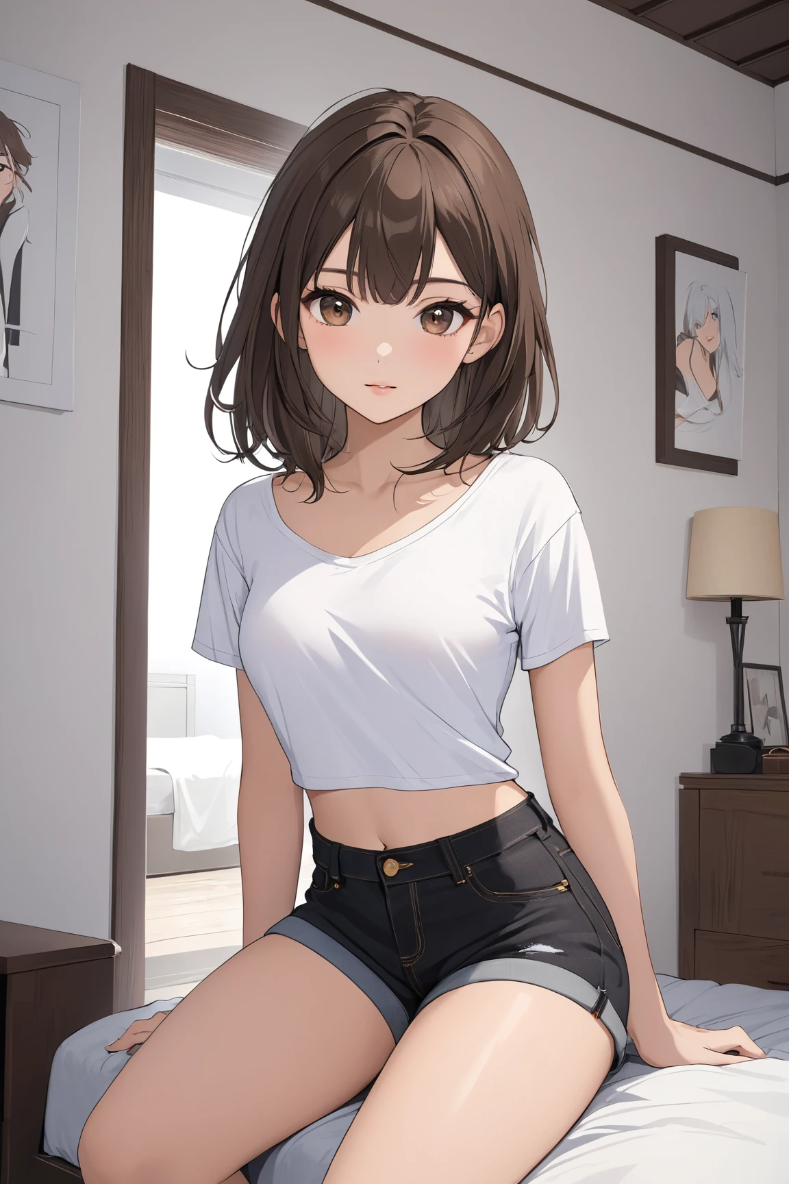 super fine illustration, vibrant colors, masterpiece, sharp focus, best quality, depth of field, cinematic lighting, ultra detailed, white t shirt , short sleeves, MILF, 1 woman, solo, midriff, tummy, belly button, large navel, kitchen, close up, looking down, medium breasts, curly hair, long hair, pink skirt, pearl necklace, makeup, dark brown hair, blushing, afraid, embarrassed, low angle, innie, hands on own cheeks, facing down