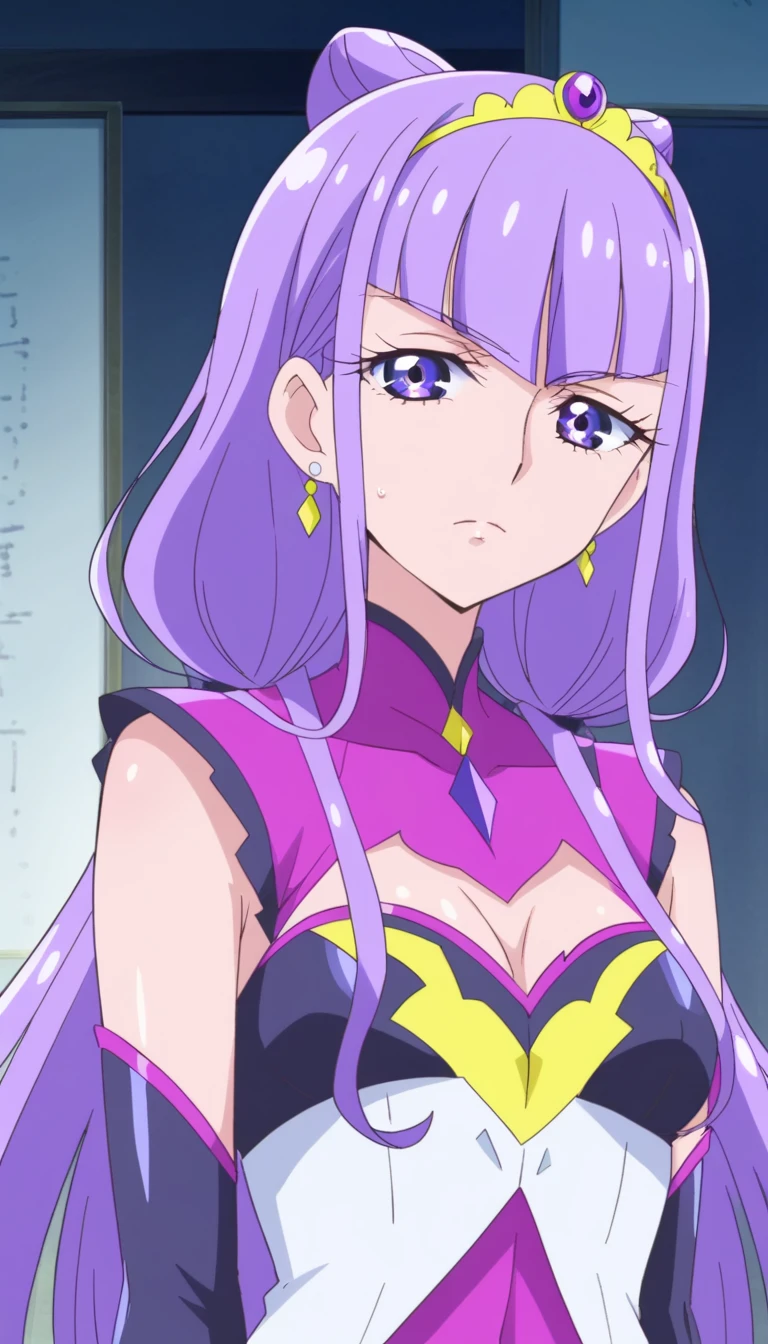 Lulu、 score_9,  score_8_up,  score_7_up, coloring, anime screencap,  flat color , Goddess Magazine,  shiny skin, (Photo ID illustration、 face the front 、How, On the body:1.2), One Girl, Normal size breasts, ,Tops, Alone,  viewers, Purple Hair , Expressionless、 face the front 、Wearing PreCure costumes、Upper body photo、