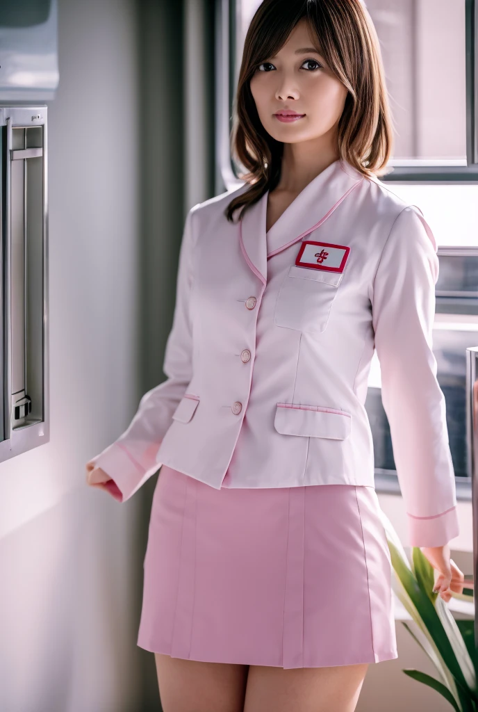 Standing in front of a Japanese ambulance 、I'm wearing a nurse's outfit、Pink nurse uniform、Short skirt、 white stockings、White heels、Very beautiful Japanese woman, 28 years old（ slender、Brown Hair、Long hair that is slightly wavy ） super realistic、reality、Ultra high detail、8k、4K、Yona 、 just like Mai Shiraishi in the photo 、You can see all the way to your toes、Police、Beauty、 beautiful feet