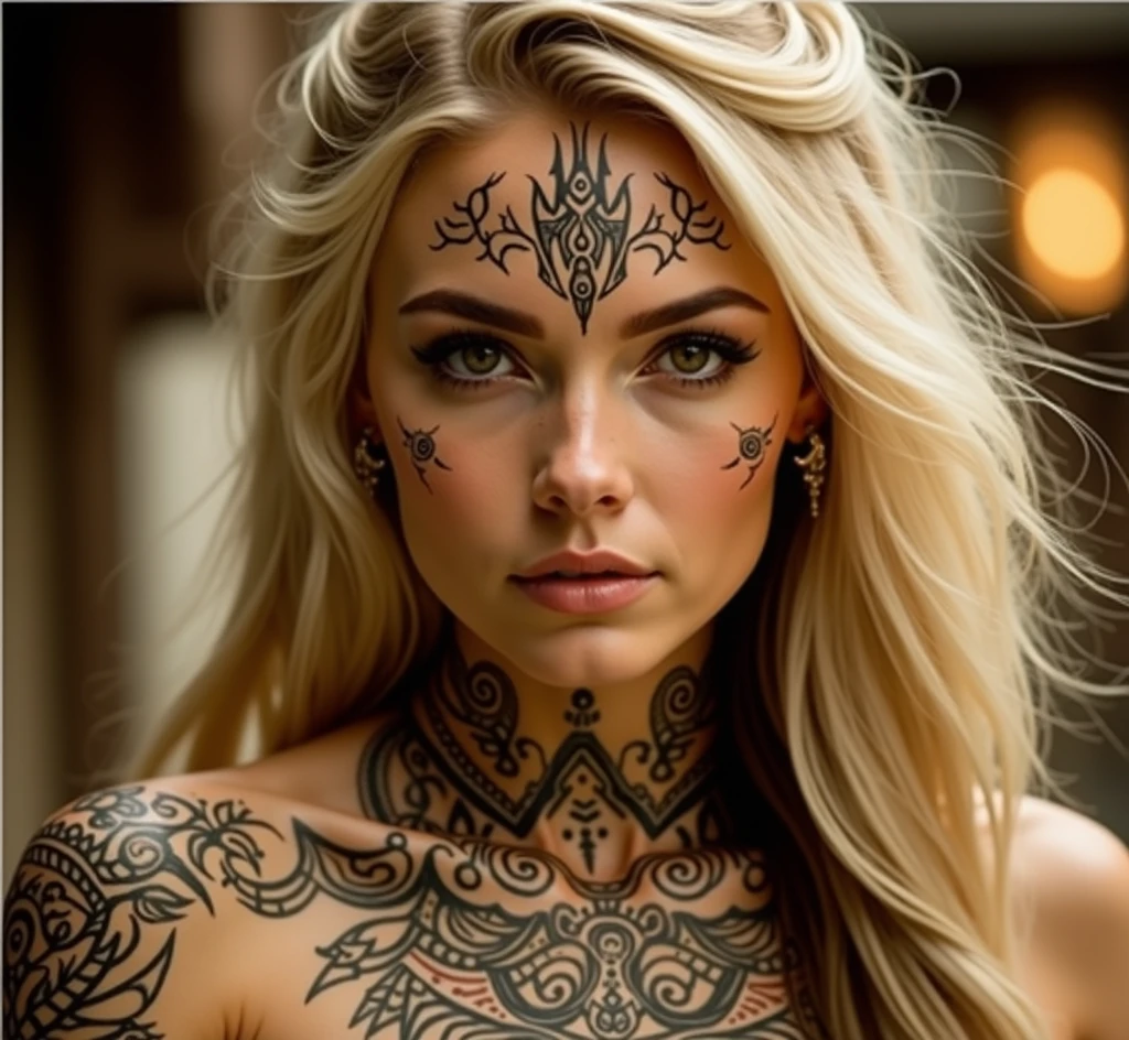 an incredible photo portrait of a beautiful blonde female pirate, photography, detailed skin, realistic, photo-realistic, highly detailed, full length body shot, provocative pose, expressive facial features, tattoos, High detail RAW color art, piercing, diffused soft lighting, shallow depth of field, sharp focus, hyperrealism, cinematic lighting