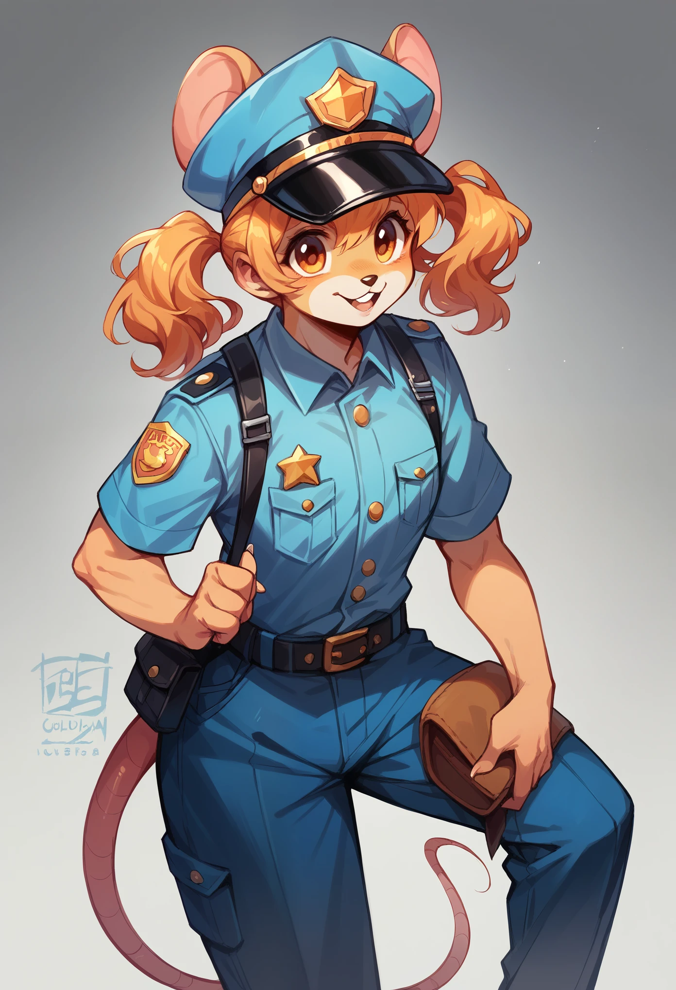 Imaginative concept art of a cute creature inspired by Lora, with the appearance of a mouse and dressed as a policeman. (CuteCreatures tag weighted at 0.9)