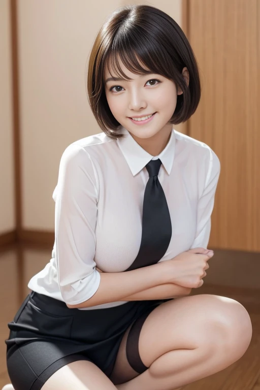 table top, highest quality, 8k, teen, 15 year old girl, RAW photo, absurd, award-winning portraits, smile, alone, (noon:1.8), idol face, delicate girl, black hair, shortcut, short hair, bob cut, Upper body, school uniform, white blouse, short sleeve, blouse with white collar, thin fabric, The skin is transparent, No bra, not wearing a bra,　((I can see the nipples)), cleavage, Digital single-lens reflex camera, looking at the viewer, Frank, Sophisticated, thick arms, professional lighting, film grain, chromatic aberration, (Eye and face details:1.0), (Bokeh:1.1) , (White Shirt Blouse:1.1) , cleavage. open your mouth ,Smile, smile,  black haired , drooling eyes , big and full breasts , plump lips, white skin