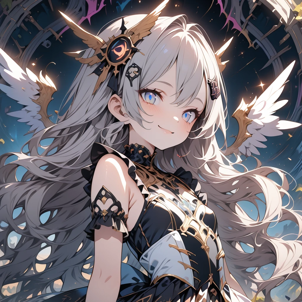 Absurd,anime,Detailed and beautiful eyes,(art),(artistic clothing:1.5),angel,gray hair,smile,(a girl:1.5),from the waist up,(small breasts:1.2),(small chest:1.2),mysterious,fallen Angel,Hello,(Large detailed hair ornament:1.2),(look away:1.5),detailed clothes,Flashy Moves,Mechanical,masterpiece, moe kawaii,abyss,luster,lame,(ultra detailed:1.2), ((highest quality)) ,Extremely Delicately Beautiful ,64k