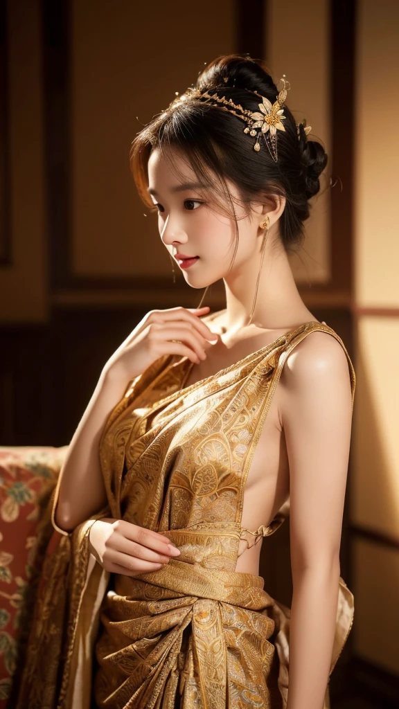 (​masterpiece、top-quality、detaile、hight resolution、extremely delicate and beautiful:1.3)、 beautifuly detailed skin, intriciate detail, The ultra-detailliert, Cinematic lighting,Beautuful Thai Women 、Thai dress、Thai palace 