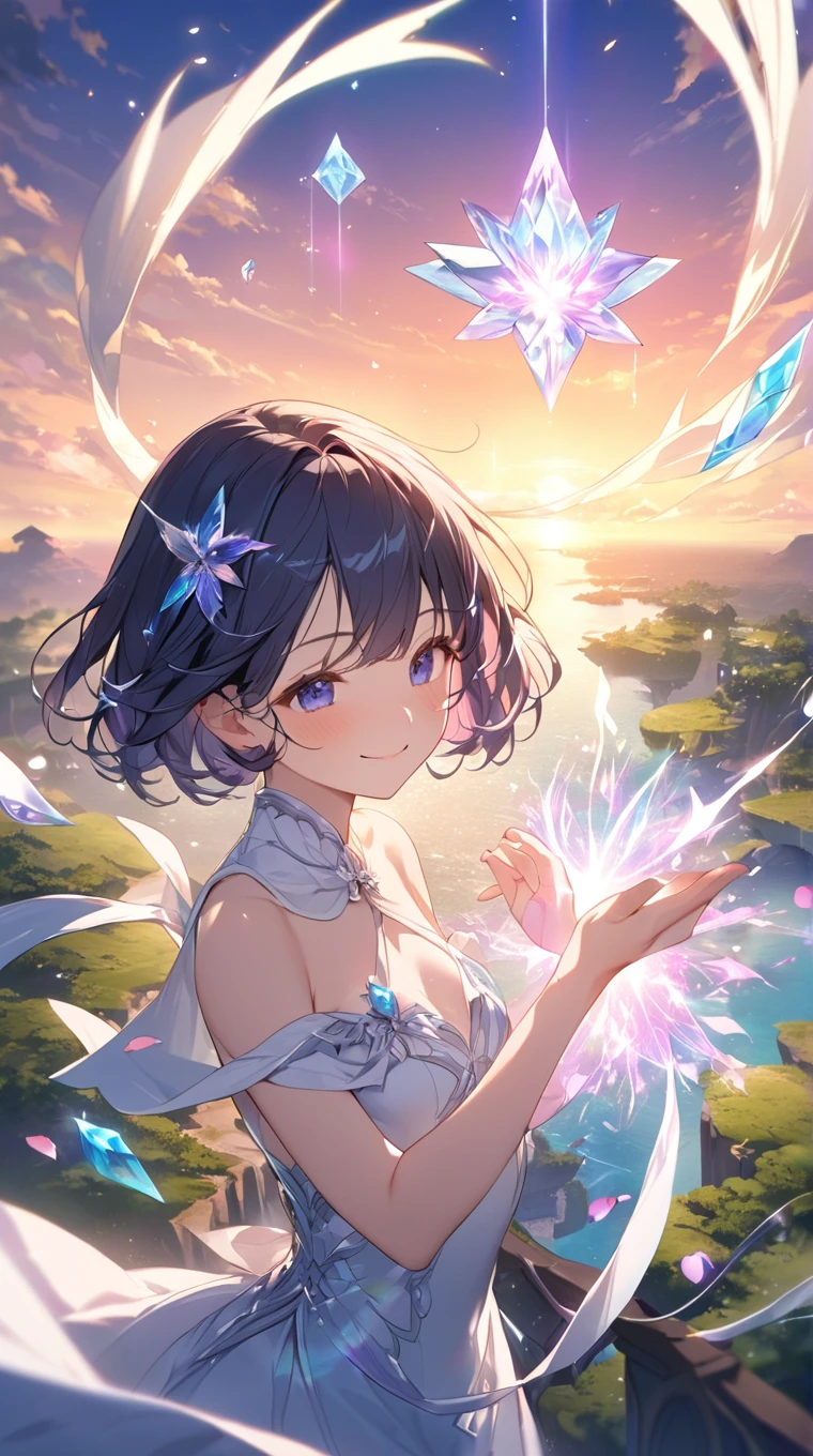 A close up view of Anime (((()))) girl, White and aqua dress, ((blue hand accessories)), ((short black hair)), ((hair accessories)), blue eyes, gold ear decorations, nose, smiling, pale skin, small thigh, (((small barefeet))), cute, (((gold decorations and necklace on body except feet))), (((grassfield in front of a mystical flower forest))), ((((bending down and lending a hand)))), cinematic light, high resolution, highest quality, ultra detailed, detailed face, (detailed eyes), best quality, hyper detailed, masterpiece, (detailed face), clean face, (sleeveless), (((A close up view)))