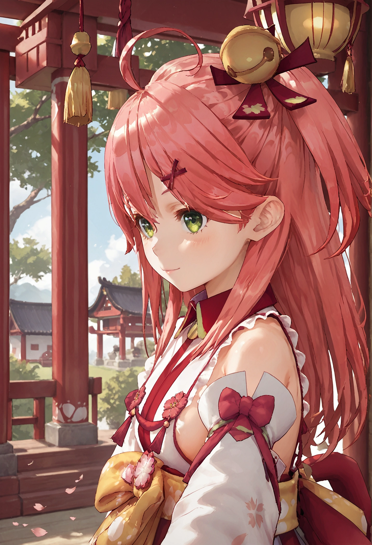 score_9, score_8_up, score_7_up, Miko_nml,pink hair,ahoge,green eyes,hair bell,hair ornament,x hair ornament, hair bell,long hair, one side up,floral print,detached sleeves,paw print,paw print pattern,cherry blossom print,shrine,cowboy shot,sideboob