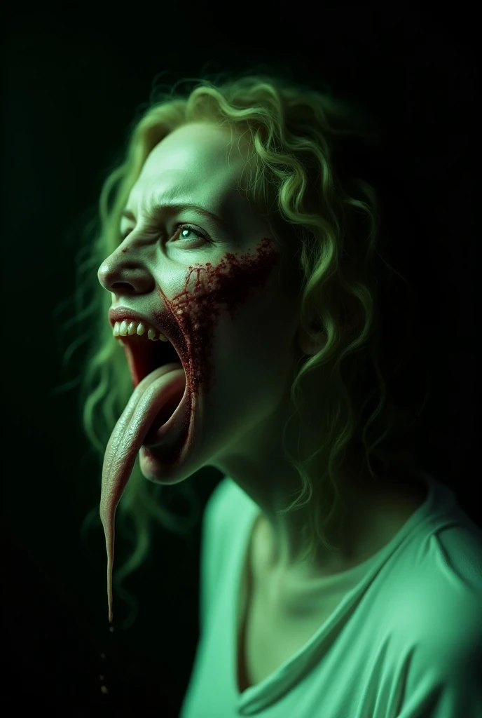 horror-themed screaming girl . Bra, huge boobs, eerie, unsettling, dark, spooky, suspenseful, grim, highly detailed, ahegao, tongue