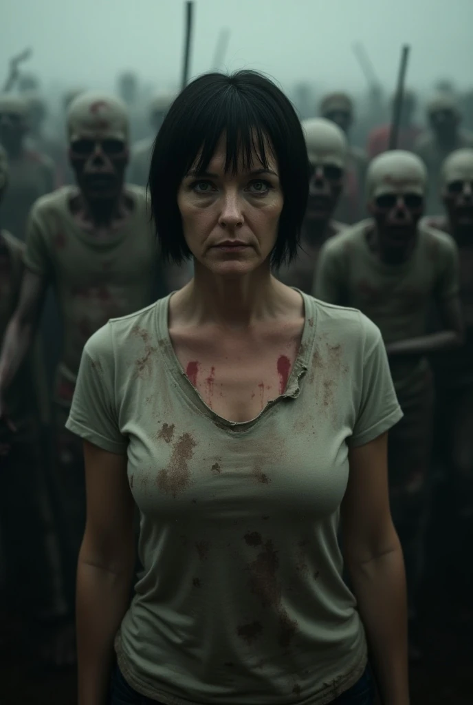 score_9, score_8_up, score_7_up, photo, woman, middle-aged, black hair, short haircut, scared, torn t-shirt, dirty t-shirt, standing in a crowd of zombies, (against the background of a crowd of zombies), looking at the viewer, post-apocalypse, zombies, gloomy photo