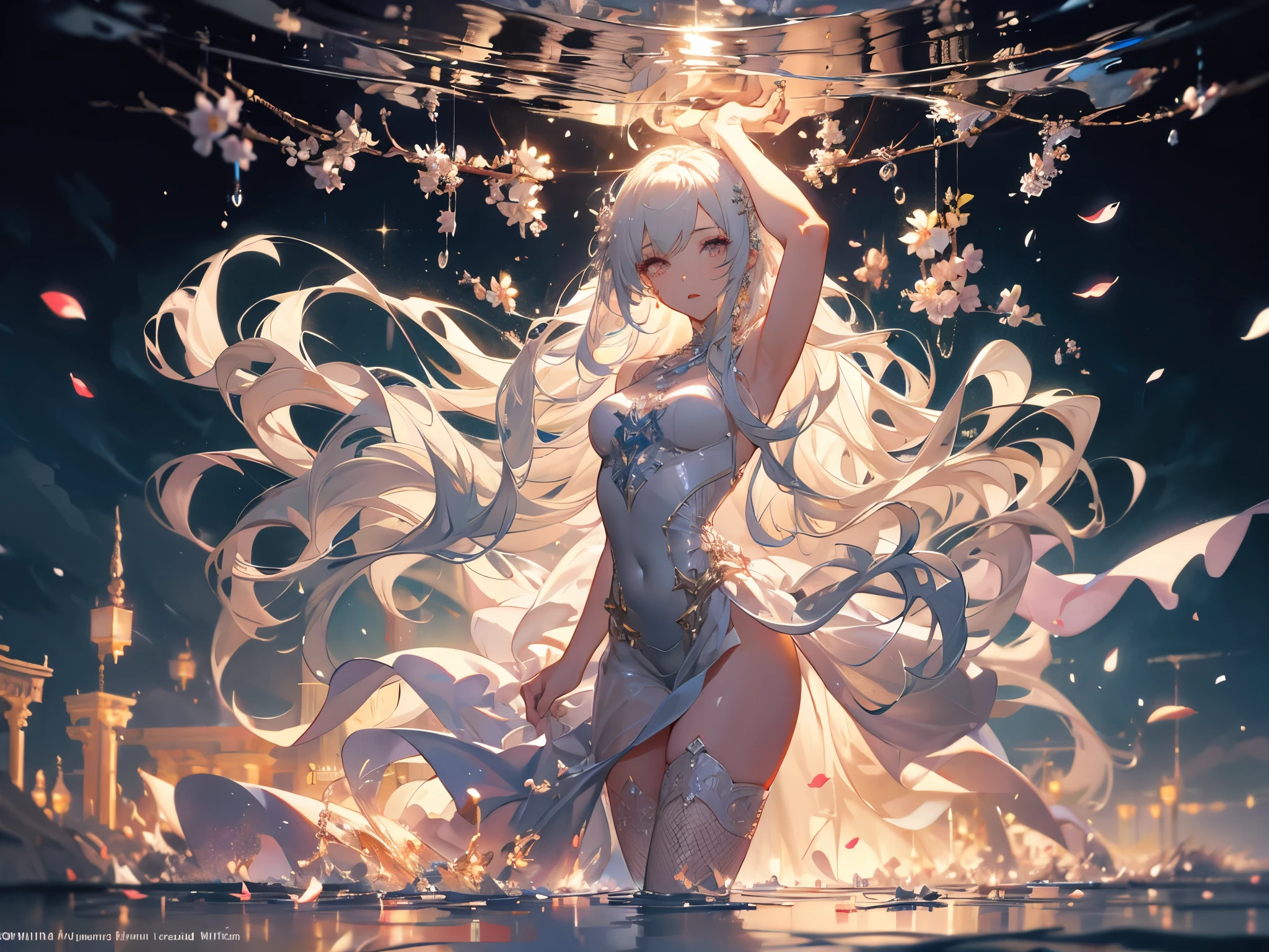 ((Finest quality)),(超A high resolution),(Ultra-detailed細),(Meticulous portrayal),((the most picturesque works of art),Ultra-Precision Art,The art of astounding depiction,Fantasyart:1.5, ((((Beautiful flowers々:1.5))), ((Body eroded by flowers:1.3)),Glamorous body:1.3,fancy background effects、​masterpiece、Fancy details、(NSFW 1.1), ((1girl in)), ((masutepiece)), ((Highly detailed:1.3)), In crystal clear water,beautiful woman entering the lake, ((long yellow hair)), Wet hair, Wearing a light transparent dress, clothed bathing, steam, (Rose petals floating in water:1.3), Early morning light, Ivory Gold AI, windows, Crepscular lighting, 、Lace sheer underwear、very very gigantic boobs、Pink nipples、pink areolae，透けて見えるPink nipples、透明なpink areolae、lace and string shorts.、princess carry,Sexy lingerie with lace and strings,See-through sexy lingerie,Transparent lingerie、translucent  dress、pearlsescent、pearls、Sexy Harness、Sexy garter belt、Sexy Stockings、Well equipped,intimate, rose garden、Multicolored roses、lake with floating roses、Lying down、Open legs、Spread your legs、Open thighs、Immersion in water、Wet body、splash water、gorgeous flower decoration、big flowers、stylish hair、Moon, lantern, Night, Solo, playing in the water, Water, hair flower, flower, Outdoors, skyporn, full Moon, Rain, lantern, wet clothes, skyporn, wet hair (((masutepiece),(the Extremely Detailed CG Unity 8K Wallpapers),Best Quality,Cinematic lighting,Detailed background,Beautiful detailed eyes,Bright pupils, (extremely delicate and beautiful),(Beautiful and detailed eyes description)， Ultra-detailed,masutepiece,)),((Yellow eyes))、