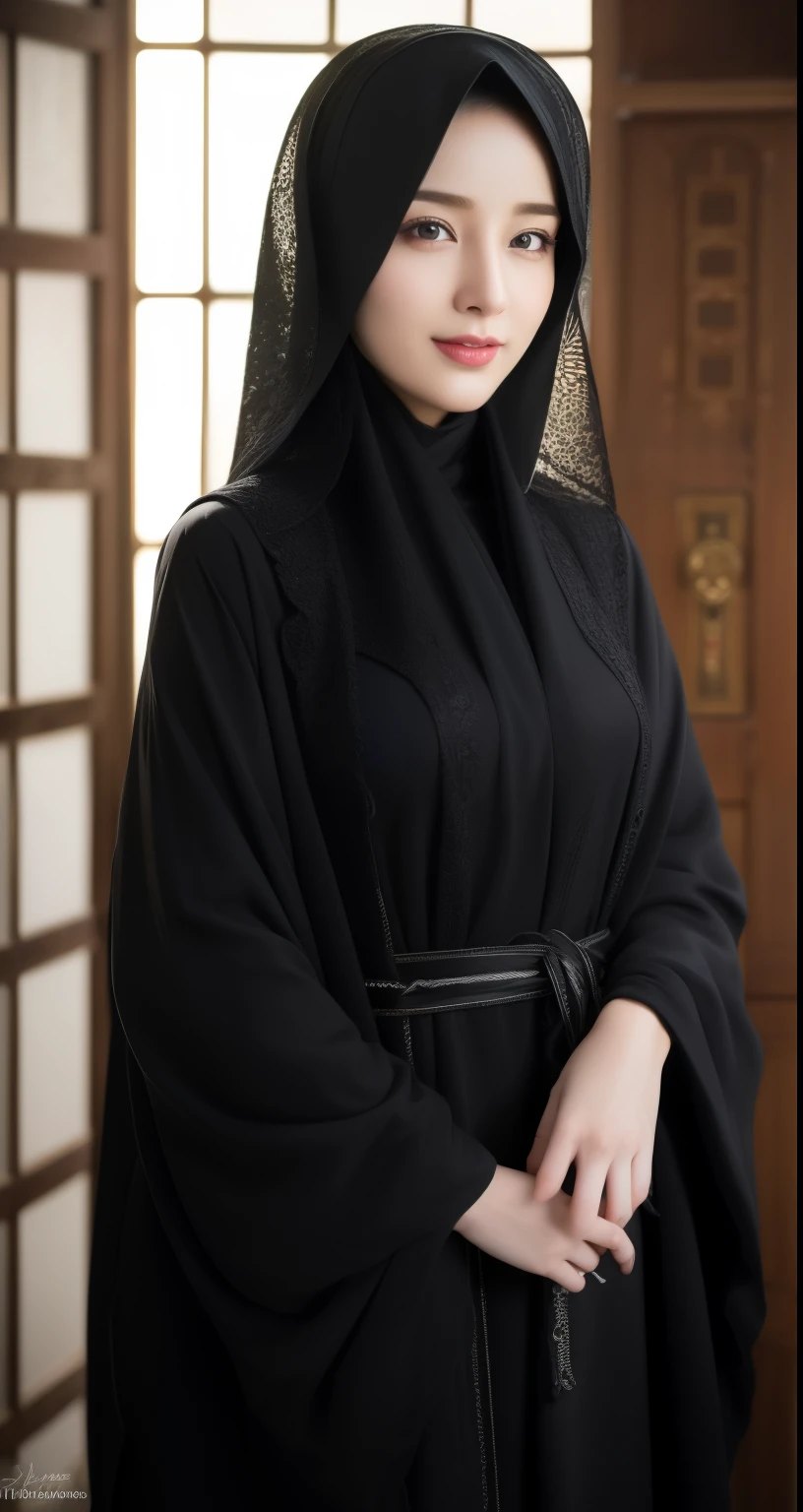 (best quality,4k,8k,highres,masterpiece:1.2),lips very smile:1.5, black hijab abaya, ultra-detailed,eyes detailed, face bright, face glow,(realistic,photorealistic,photo-realistic:1.37),20 years old girl, (Big breasts), Pasmina hijab abaya,black hijab pasmina,asian korean beautiful girl,book,stylebook,erotic Asian korean