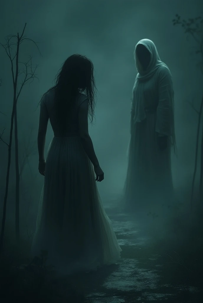 Black-haired woman in a long white wedding dress being chased by men in black hoods through the forest at night. Storm, poor lighting, panic, terror, fear