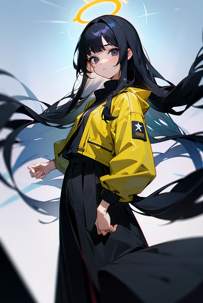 A girl, yellow jacket, hands in pockets, staring at another person, long black hair, heterochromic eyes, heterochromic eyes, heterochromic pupils, 8k resolution, very detailed, anatomically correct, digital painting, concept art, Makoto Shinkai style, clear picture,