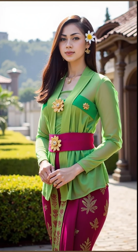 A female knight holding a sword in her right hand,He is wearing a white floral short-sleeved suit and fitted white pants.,She is wearing a green floral vest, exposing a little bit of her belly.,I have a trowel on my arm。She is wearing a green floral cape, Green belt and white high heels,Wearing a white hat covering one eye,whole body,