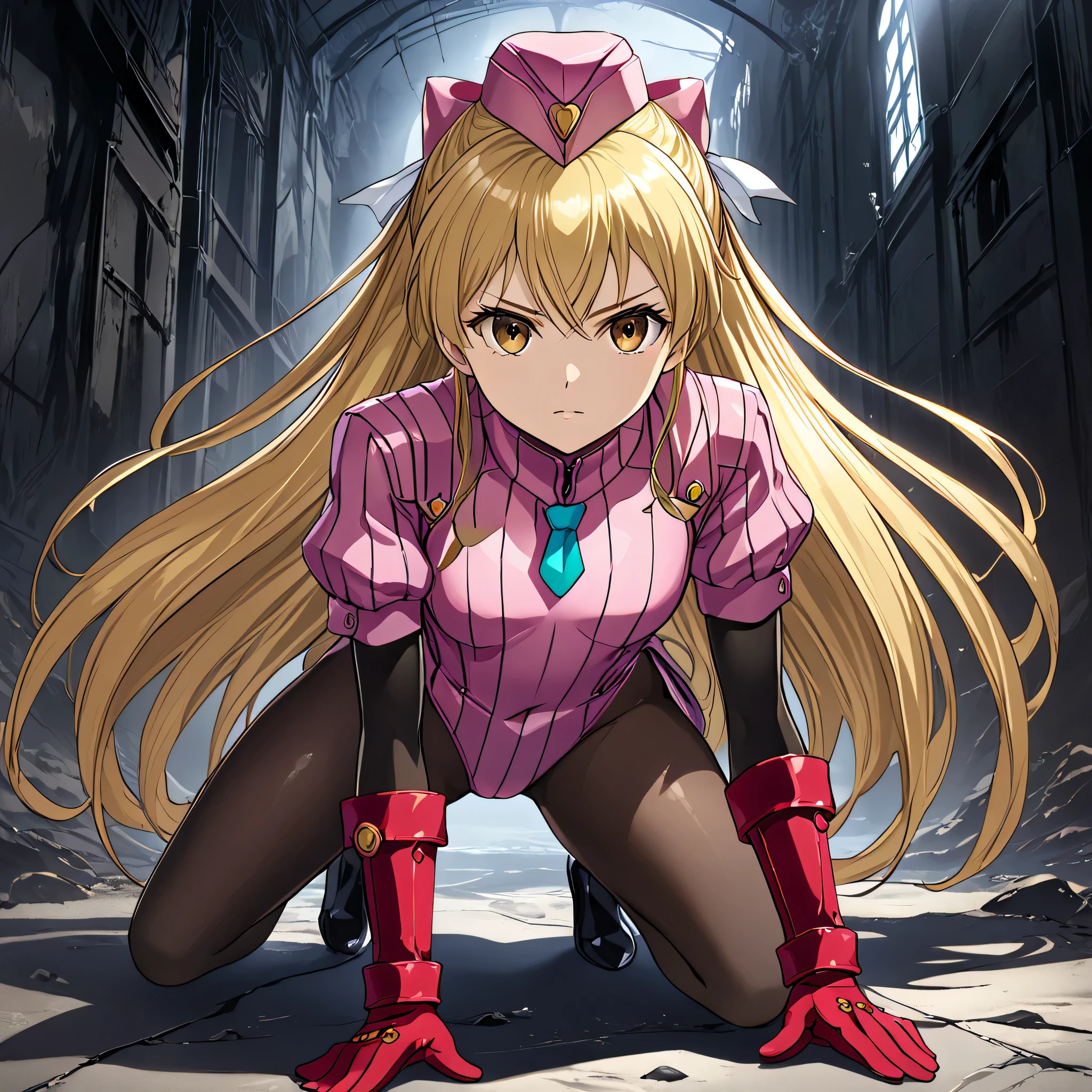 anime, (masterpiece), (best quality), (ultra-detailed), (best illustration), (best shadow), (absurdres), (detailed background), (very aesthetic), shiny, detailed beautiful eyes, outstanding, countershading, detailed soft lighting, an exquisite animation illustration, 1girl, solo, anheang, Dollsuit, thighthigh, dark persona, empty eyes, expressionless, blank eyes, looking at viewer, red gloves, full body, emotionless, Fighting Stance, hair ornament, moriya_ririka, magical girl, small breast, blonde hair, long hair, brown eyes, (((apocalyptic background, all fours, crawl, crawling)))