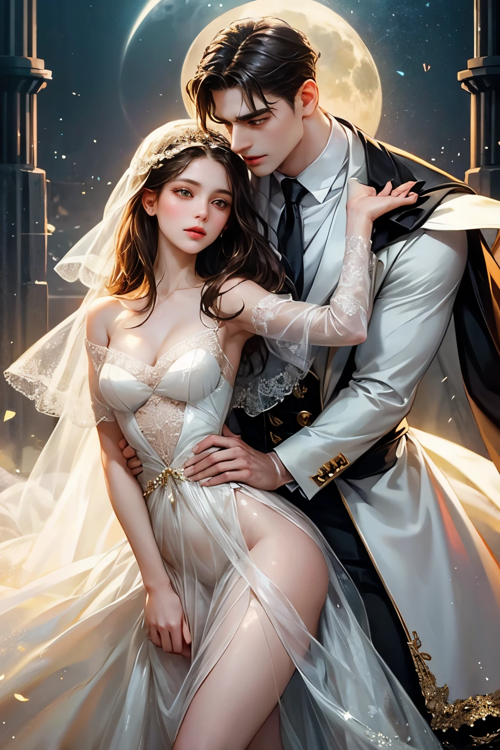 (couple cuddling) rough man Zeus muscular naked, beautiful, sexy, big breasts, cleavage, bare legs, see-through, standing, hanfu, wet, clear, realistic, highest detail, Chinese mythology, dragon pattern, phoenix, sacred, holy, golden mountains, heavenly palace, countless palaces, clouds, golden light