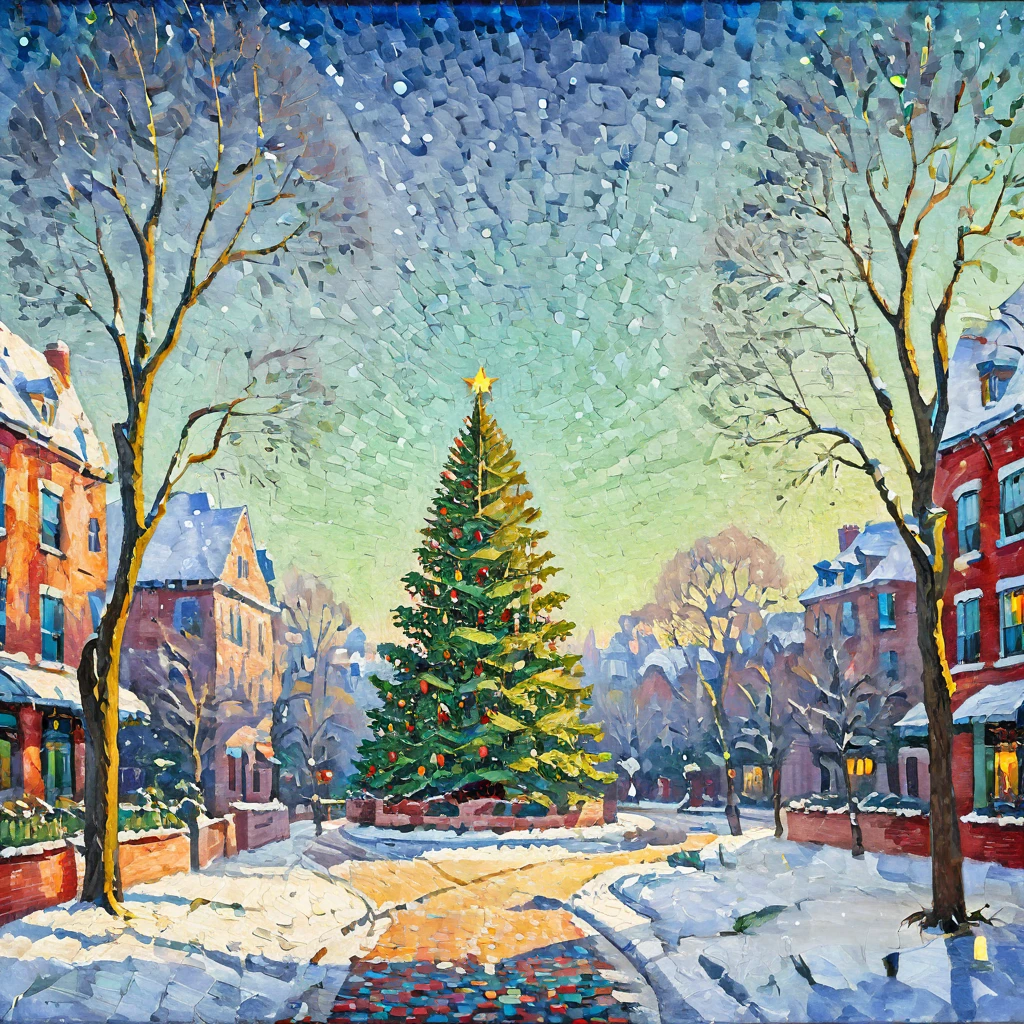 Quality: (((super fine Printing art illustration, masterpiece, ultra detailed, ultra high res, 16k))) A large Christmas tree stands in the center of a street lined with red brick buildings. The branches and leaves of the tree are depicted with intricate textures and material expressions, emphasizing gloss and three-dimensionality. Snow falls delicately like pointillism, with crystal patterns, floating in a dreamy winter night sky. The overall color scheme is based on dark blue, contrasting with the deep, vibrant red of the red brick streets and the tree's decorations. In the background, the soft glow of city lights is visible.Color Palette: Blue-gray, Accent color, vivid, Neon, bold vibrant color contrast, Split-complementary color scheme, Blood red.Composition and Layout: The composition features a large Christmas tree in the center, with a view of the tree's entirety and the surrounding street. The tree's branches are decorated with vibrant green and gold, while snow is expressed through crystal shapes and pointillism. City lights are also rendered in pointillism, all set against a dark blue backdrop.Texture and Material: Layer style design and geometric pattern, stained glass texture, Expressing light with pointier technique, best aesthetic, beautiful curve drawing, Staff notation pattern.Lighting and Shadows and something Effect: natural lighting, neon lighting, bright lighting, high-contrast, neon color, Rim light, Bounce light, Soft light, Lens flare.Mood and Atmosphere