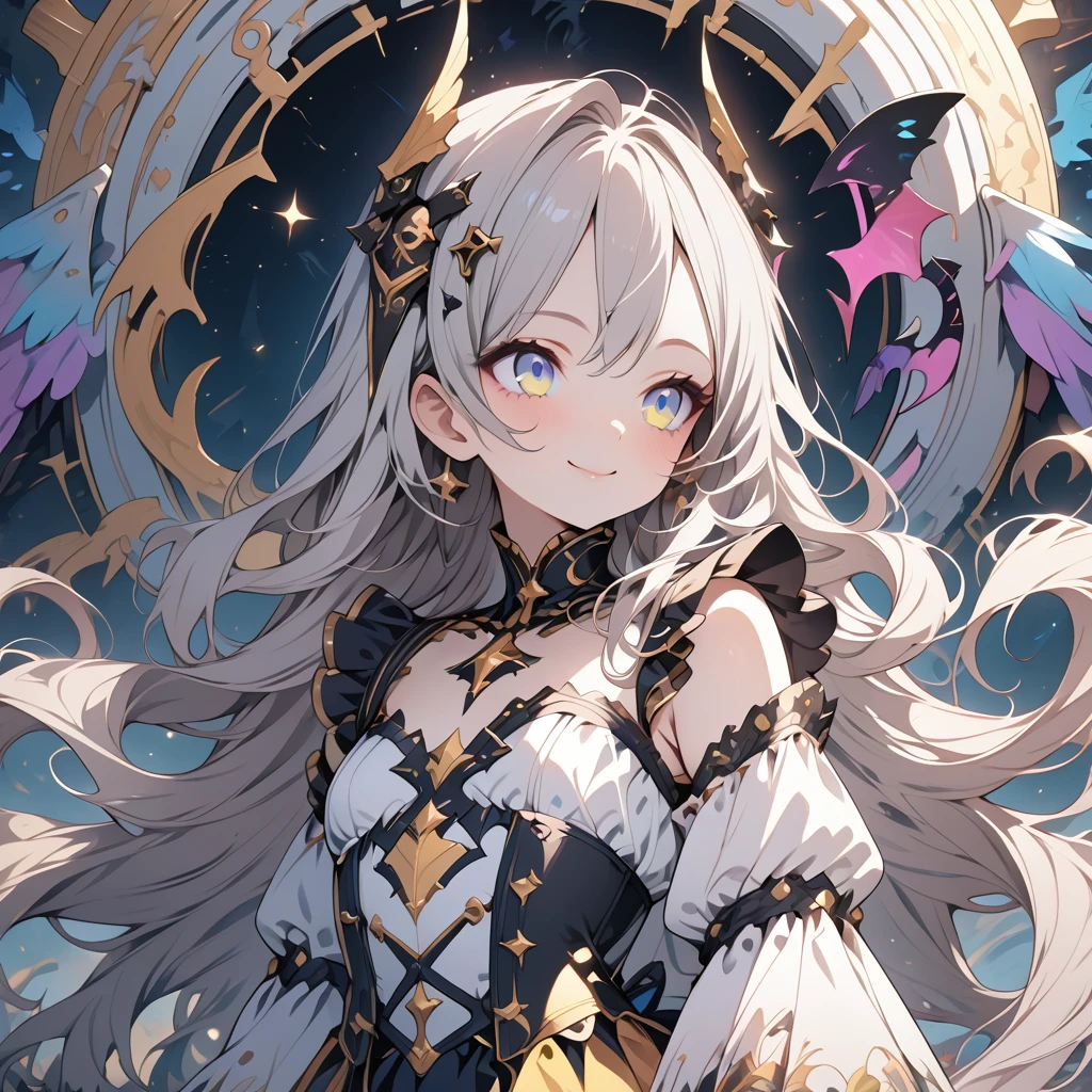 Absurd,anime,Detailed and beautiful eyes,(art),(artistic clothing:1.5),angel,gray hair,smile,(a girl:1.5),from the waist up,(small breasts:1.2),(small chest:1.2),mysterious,fallen Angel,Hello,(Large detailed hair ornament:1.2),(look away:1.5),detailed clothes,Flashy Moves,Mechanical,masterpiece, moe kawaii,abyss,luster,lame,(ultra detailed:1.2), ((highest quality)) ,Extremely Delicately Beautiful ,64k